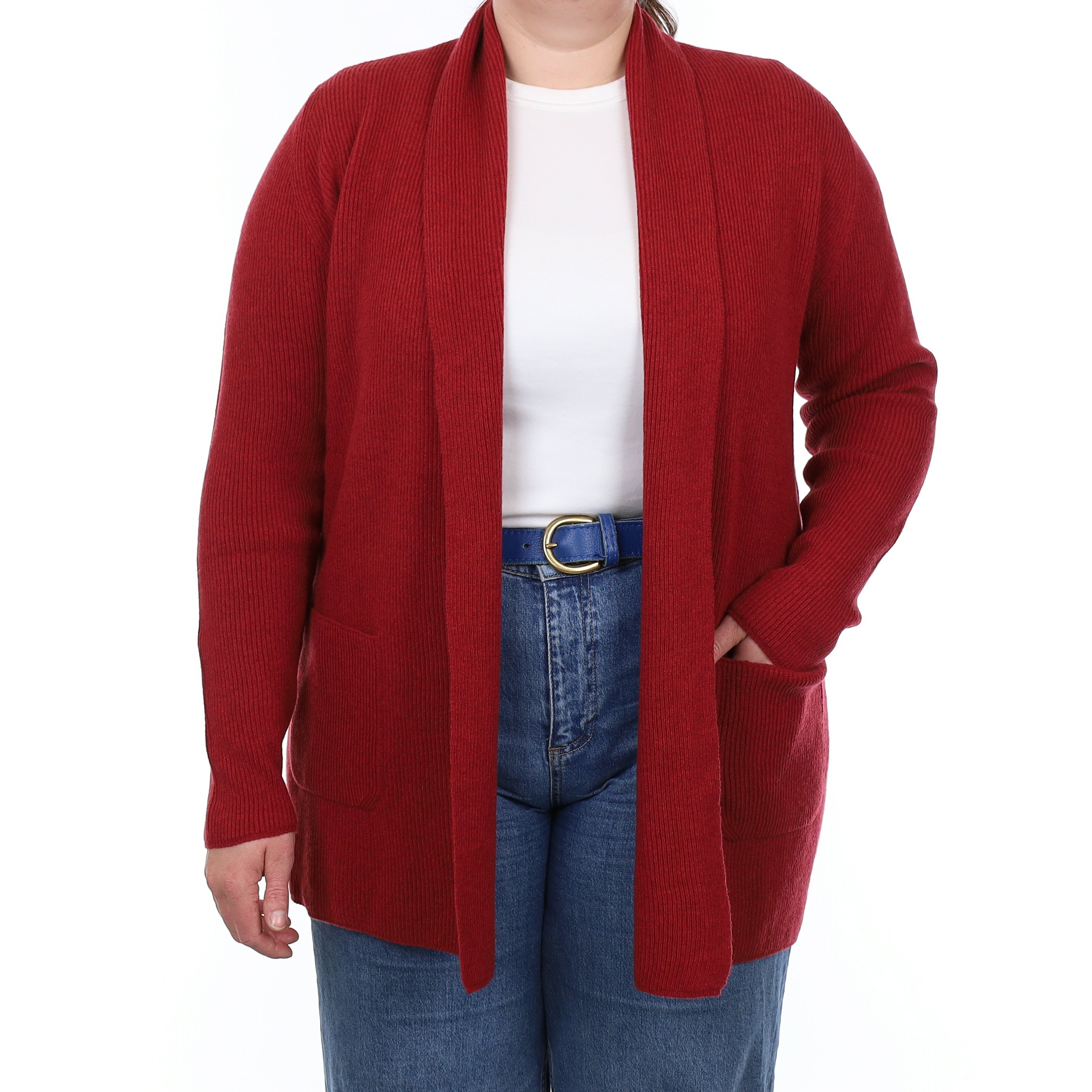 Brand New Scottish Brick Red Rib Cashmere Edge to Edge Cardigan Large