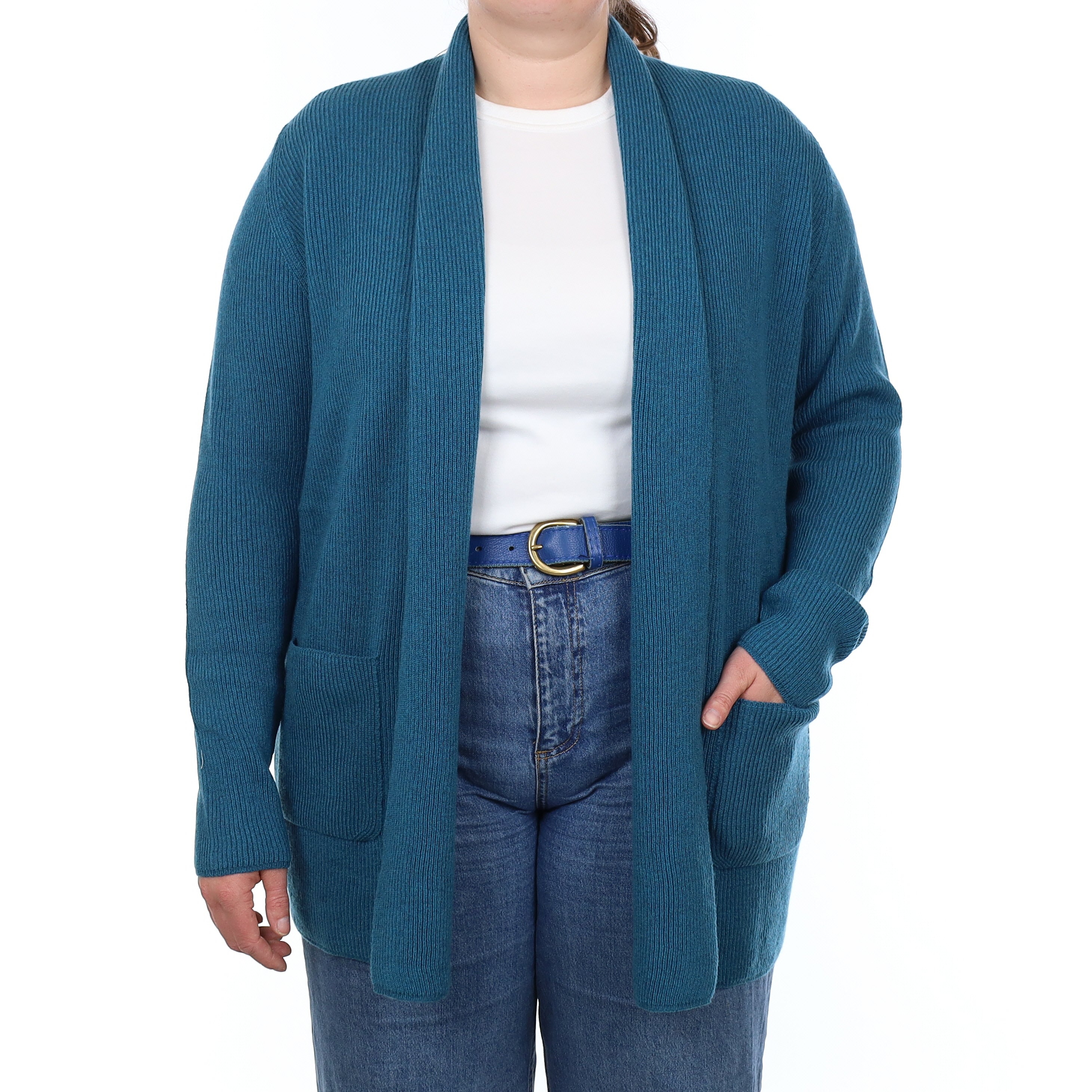 Brand New Scottish Teal Blue Rib Cashmere Edge to Edge Cardigan Large