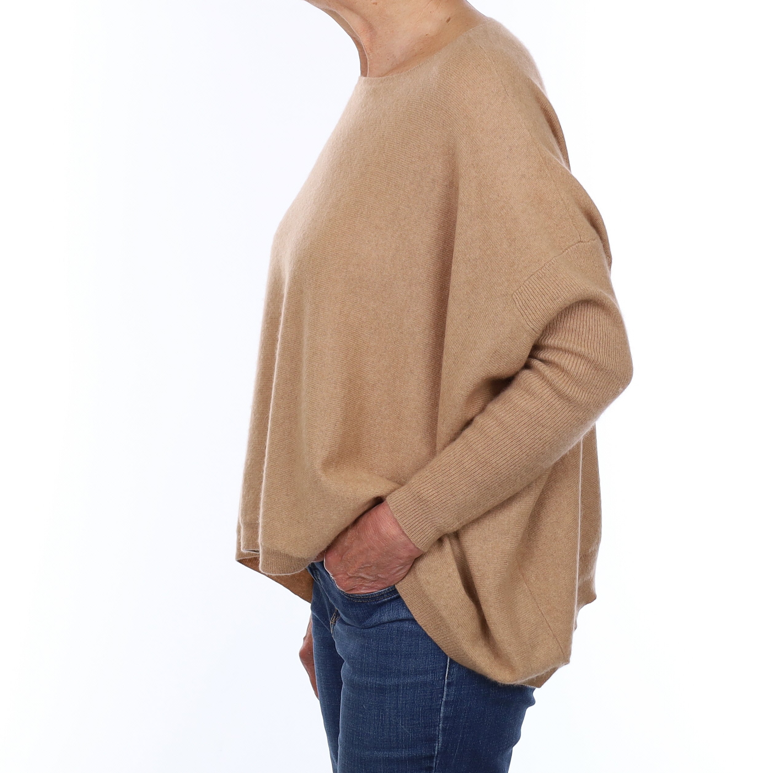 Caramel Brown Cashmere Slouchy Slash Neck Jumper Medium