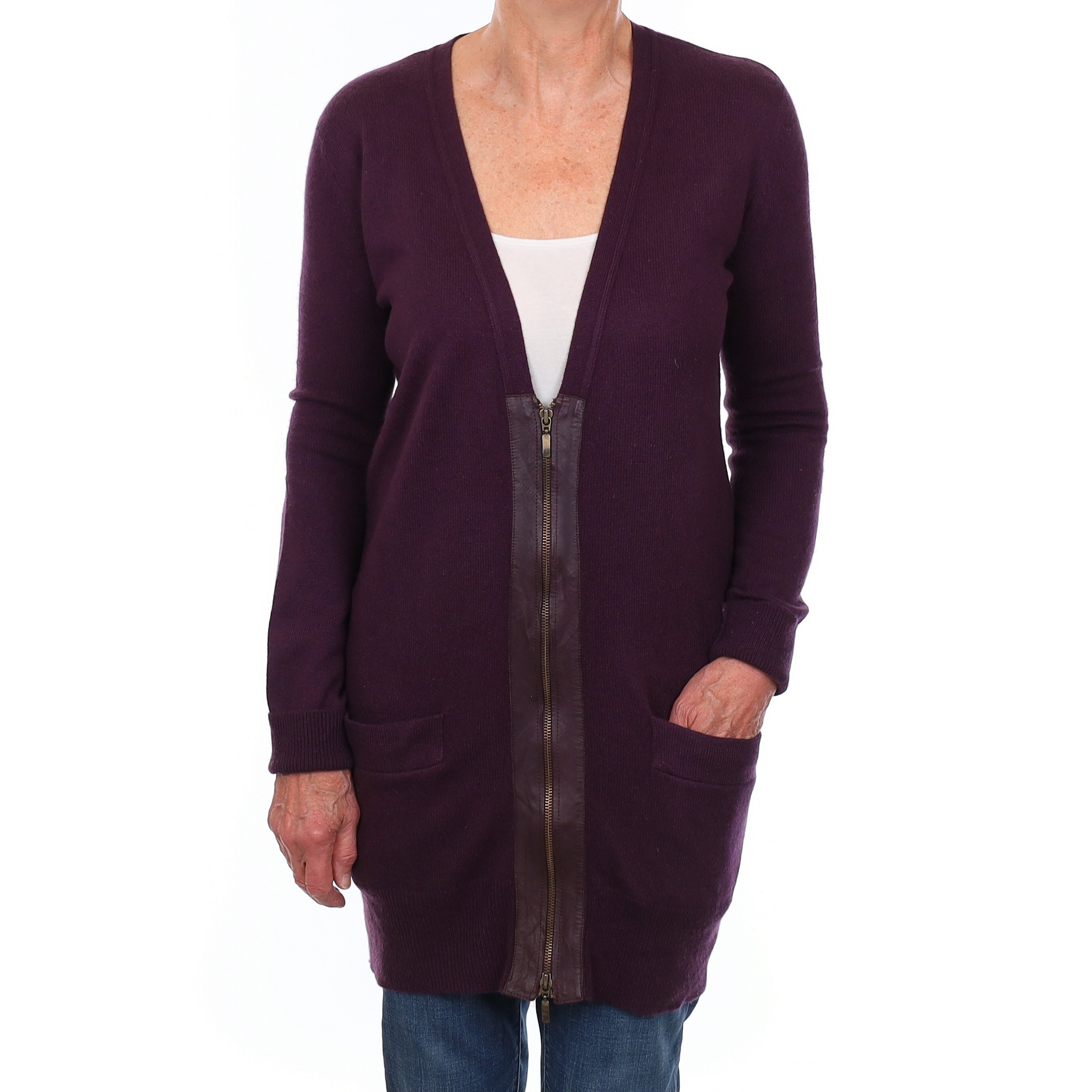 Blueberry Purple Cashmere Longline V Neck Cardigan with Pockets Medium