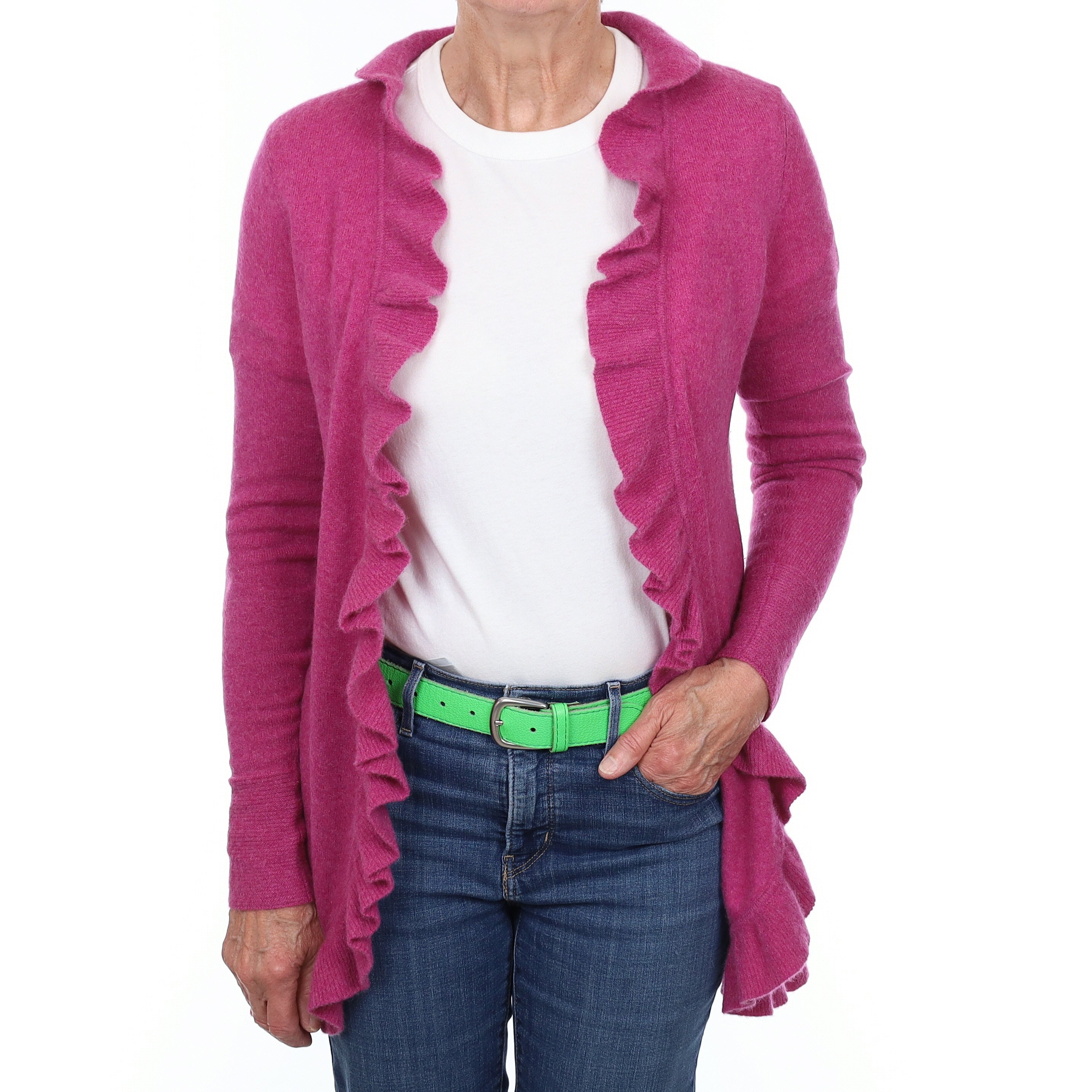 Magenta Pink Cashmere Ruffle Edge To Edge Cardigan Medium
