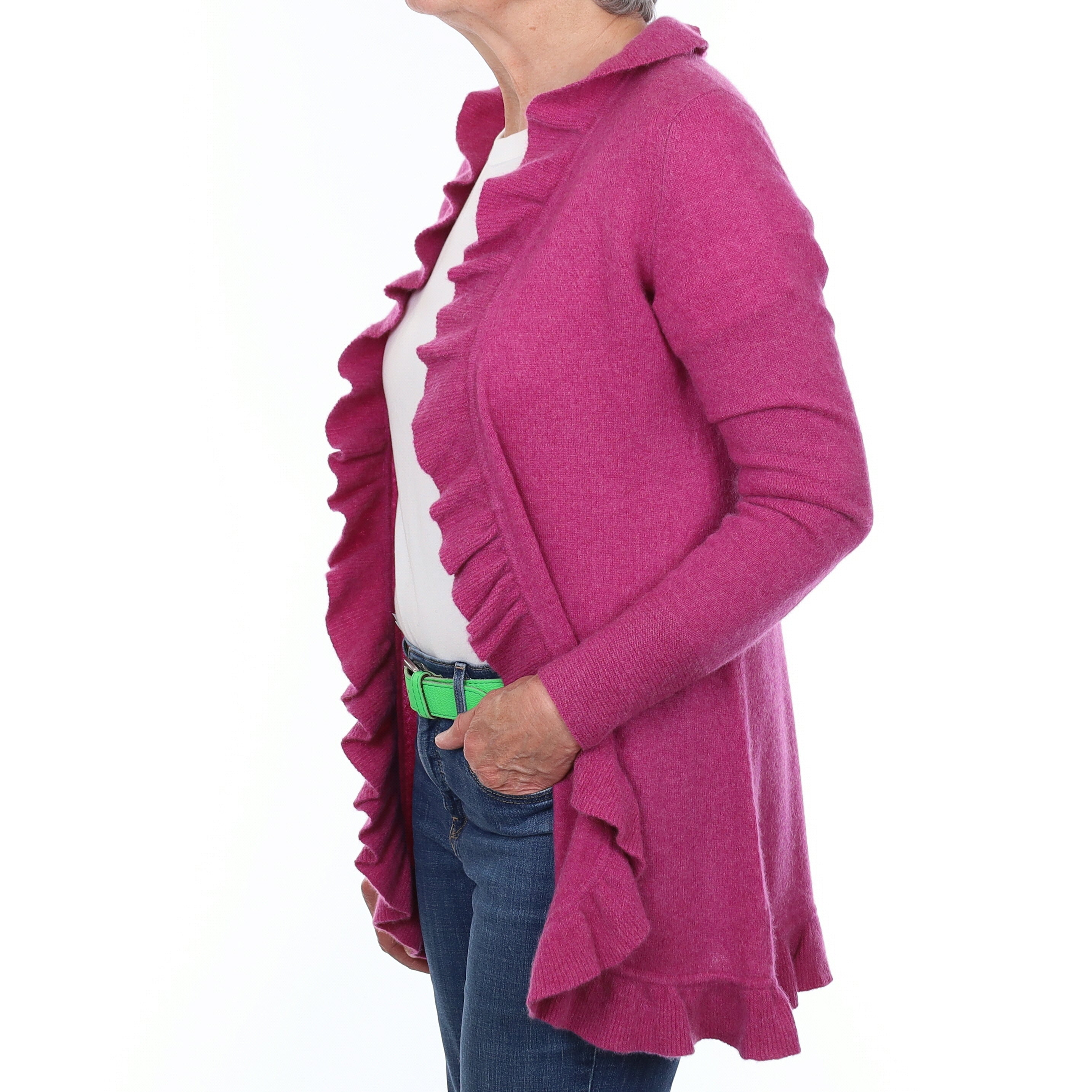 Magenta Pink Cashmere Ruffle Edge To Edge Cardigan Medium