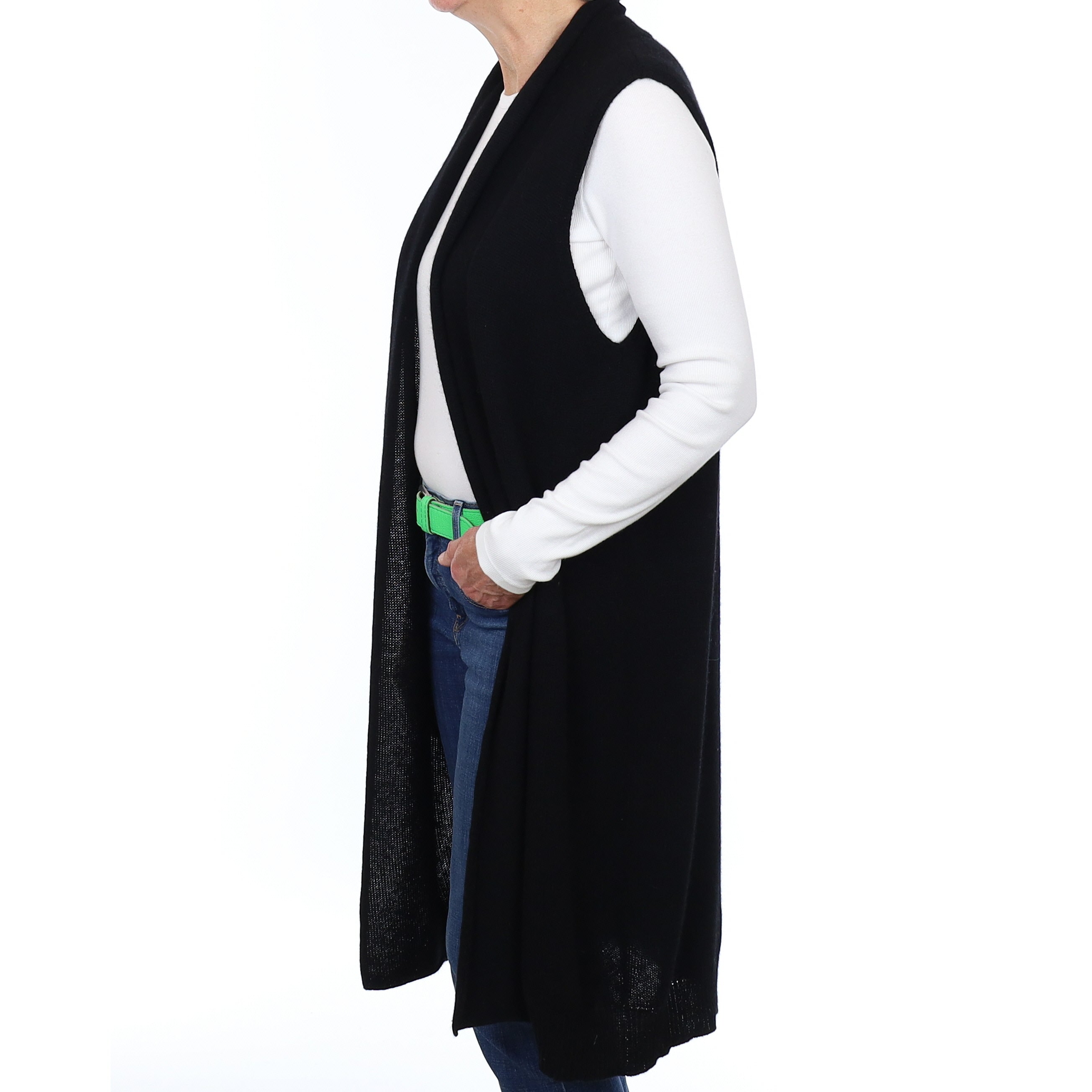Black Cashmere Slouchy Sleeveless Edge To Edge Cardigan Medium