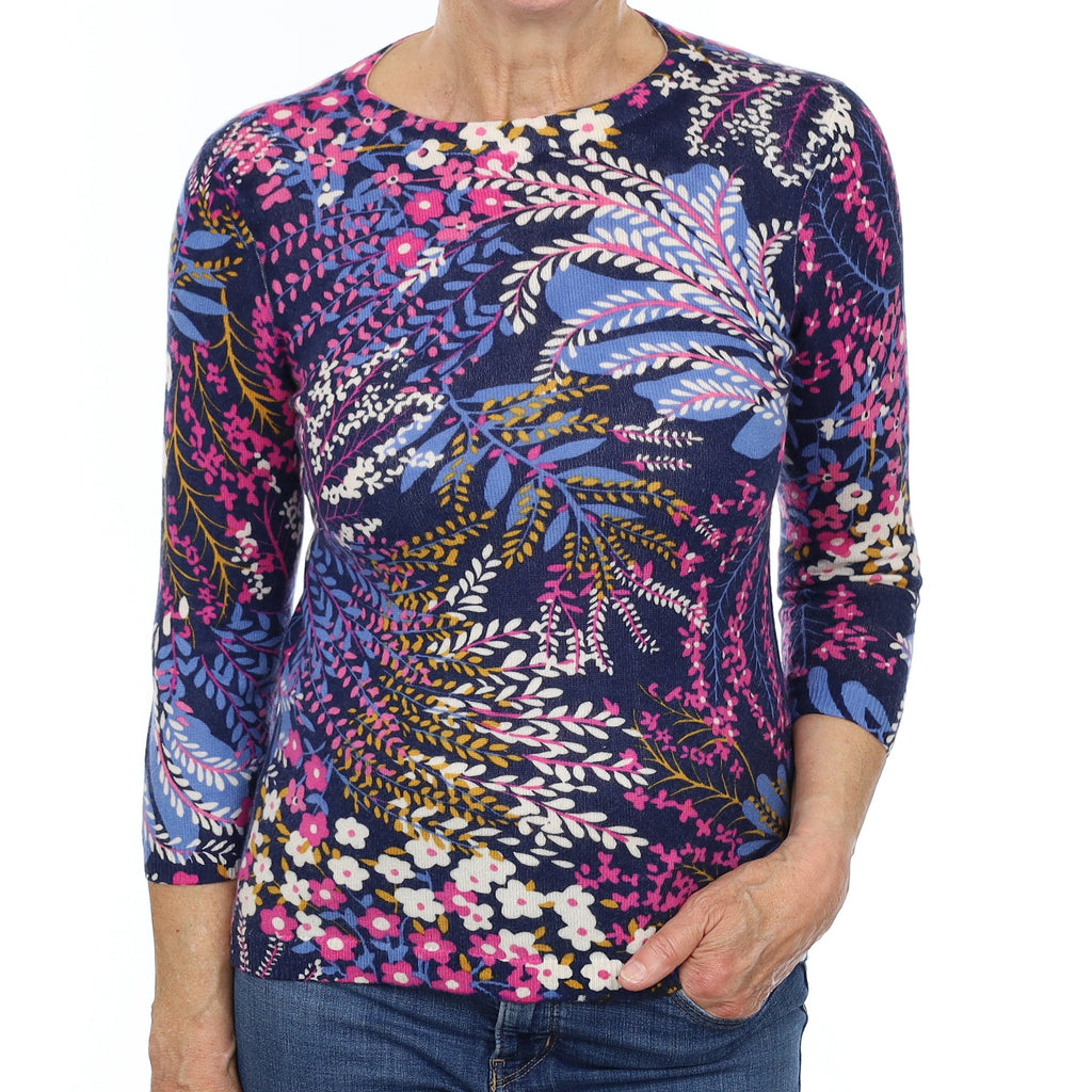Blue and Pink Floral Cashmere Crew Neck Jumper Medium