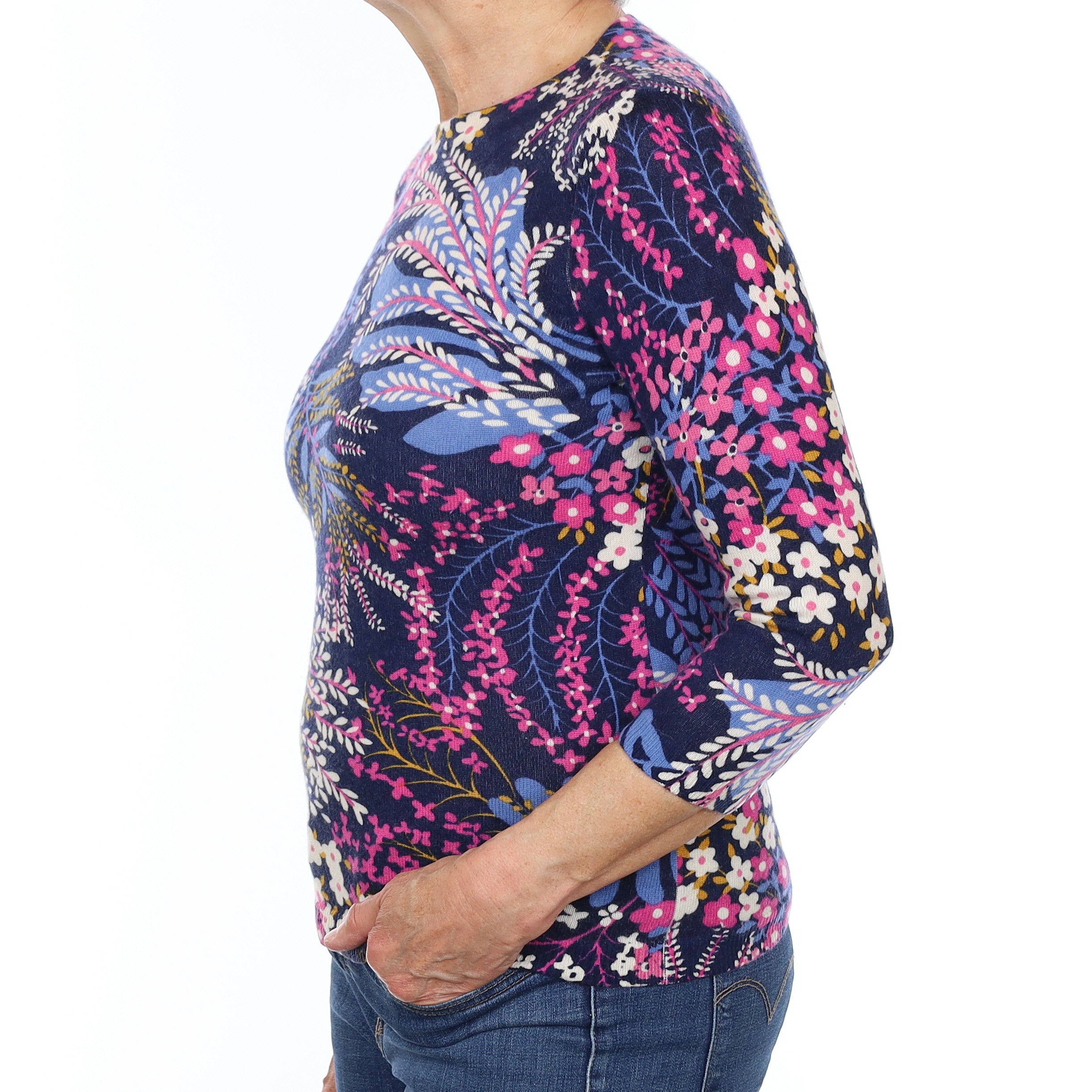 Blue and Pink Floral Cashmere Crew Neck Jumper Medium