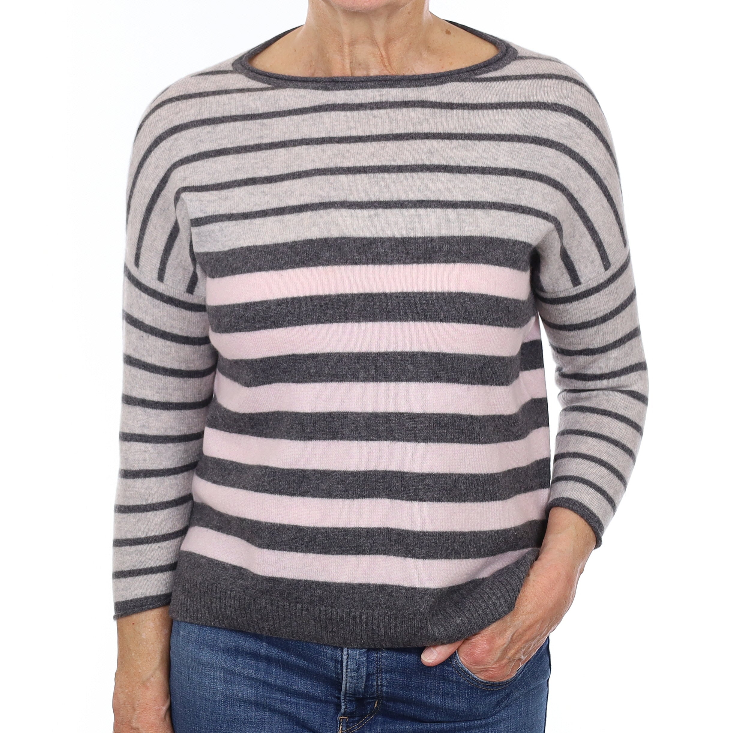 Grey and Pink Stripe Cashmere Crew Neck Jumper Medium