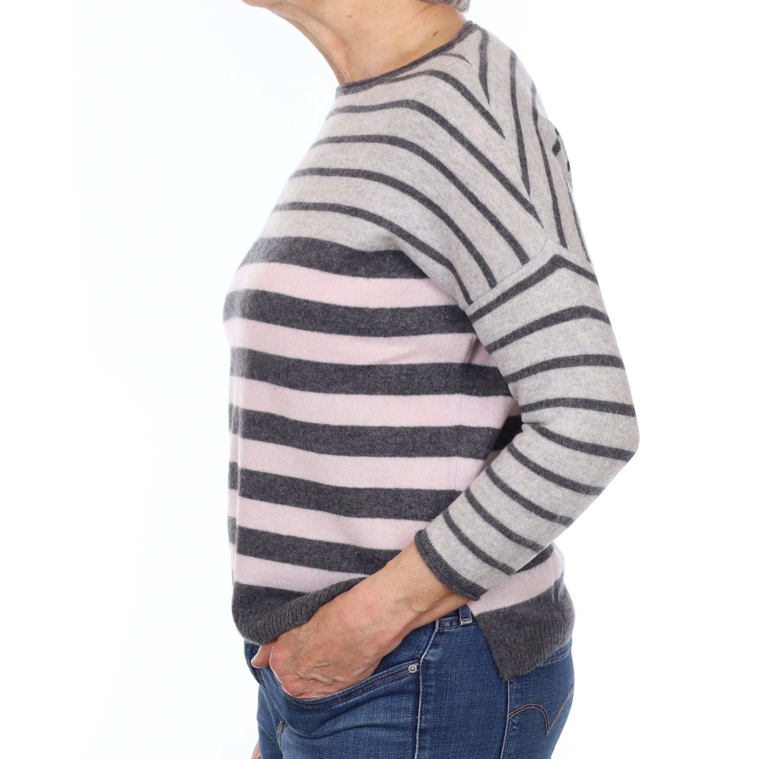 Grey and Pink Stripe Cashmere Crew Neck Jumper Medium