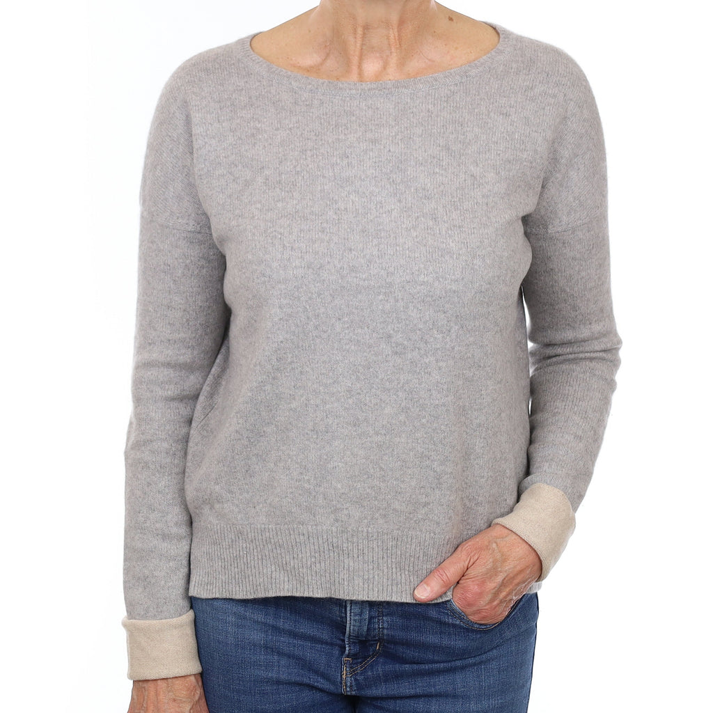 Smoke Grey and Fawn Cashmere Crew Neck Jumper Medium