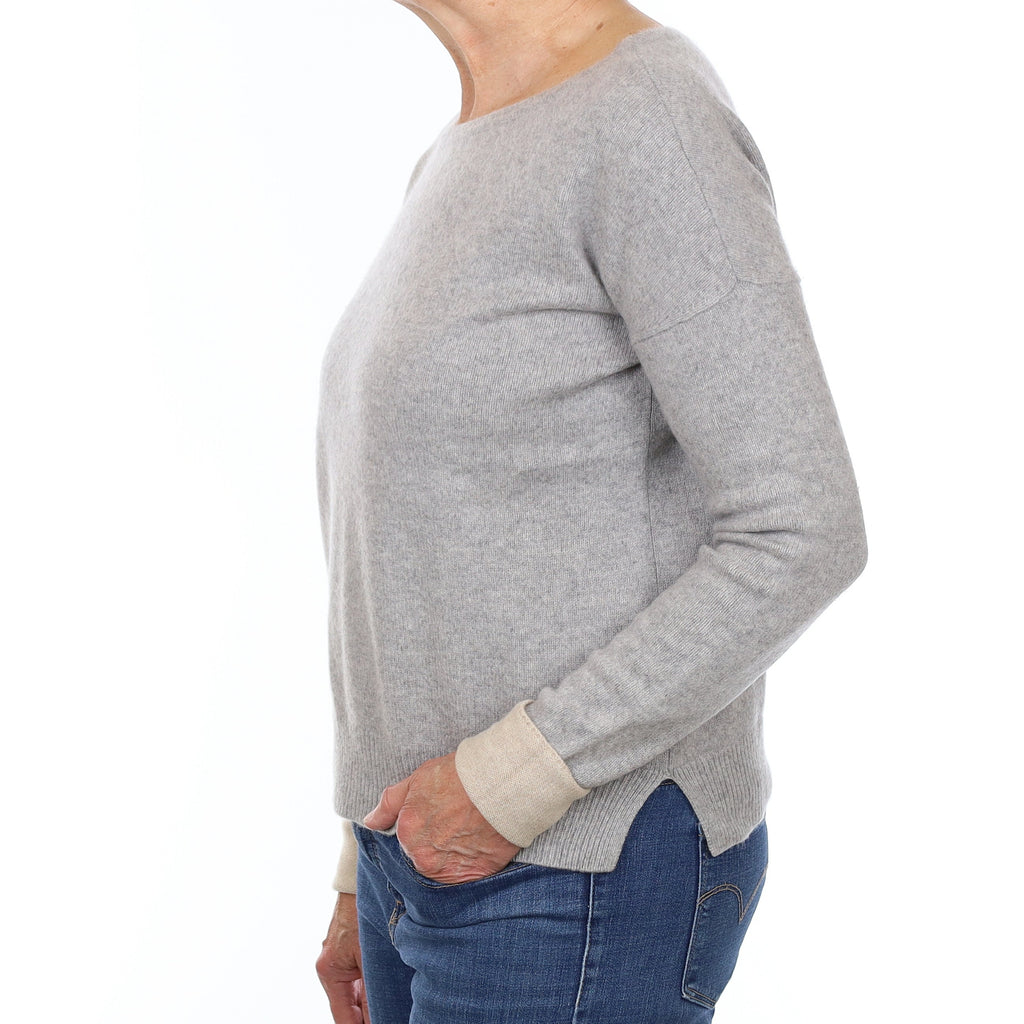 Smoke Grey and Fawn Cashmere Crew Neck Jumper Medium