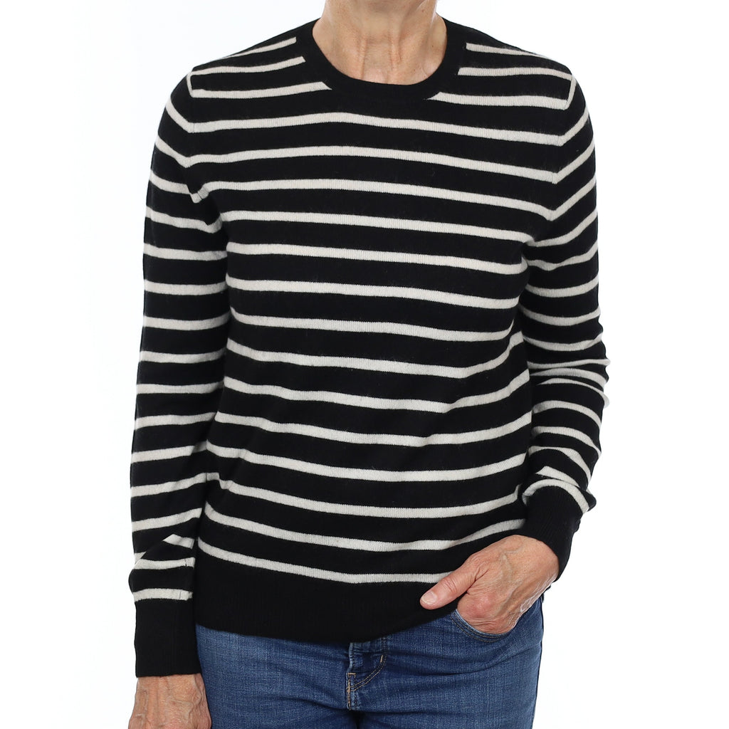 Black and Oatmeal Stripe Cashmere Crew Neck Jumper Medium