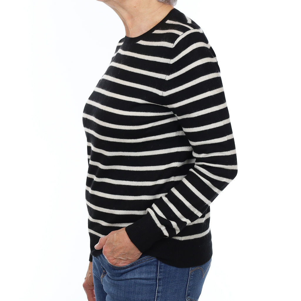 Black and Oatmeal Stripe Cashmere Crew Neck Jumper Medium