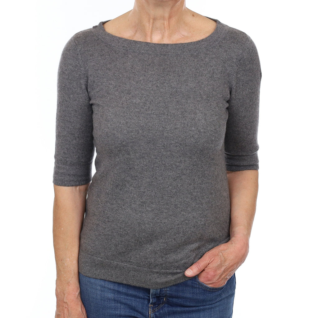 Slate Grey Cashmere Short Sleeve Boat Neck Jumper Medium