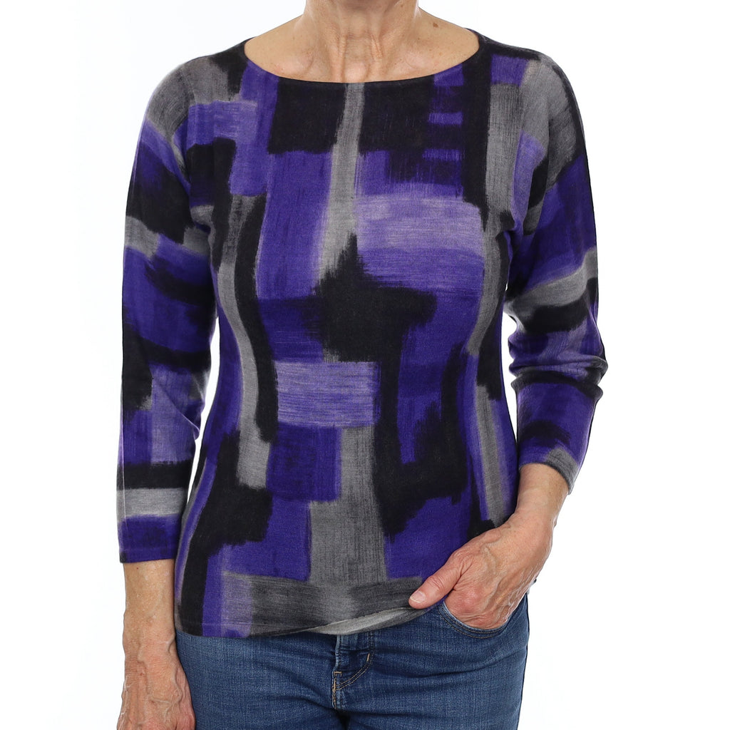 Purple Patterned Fine Knit Cashmere Crew Neck Jumper Medium