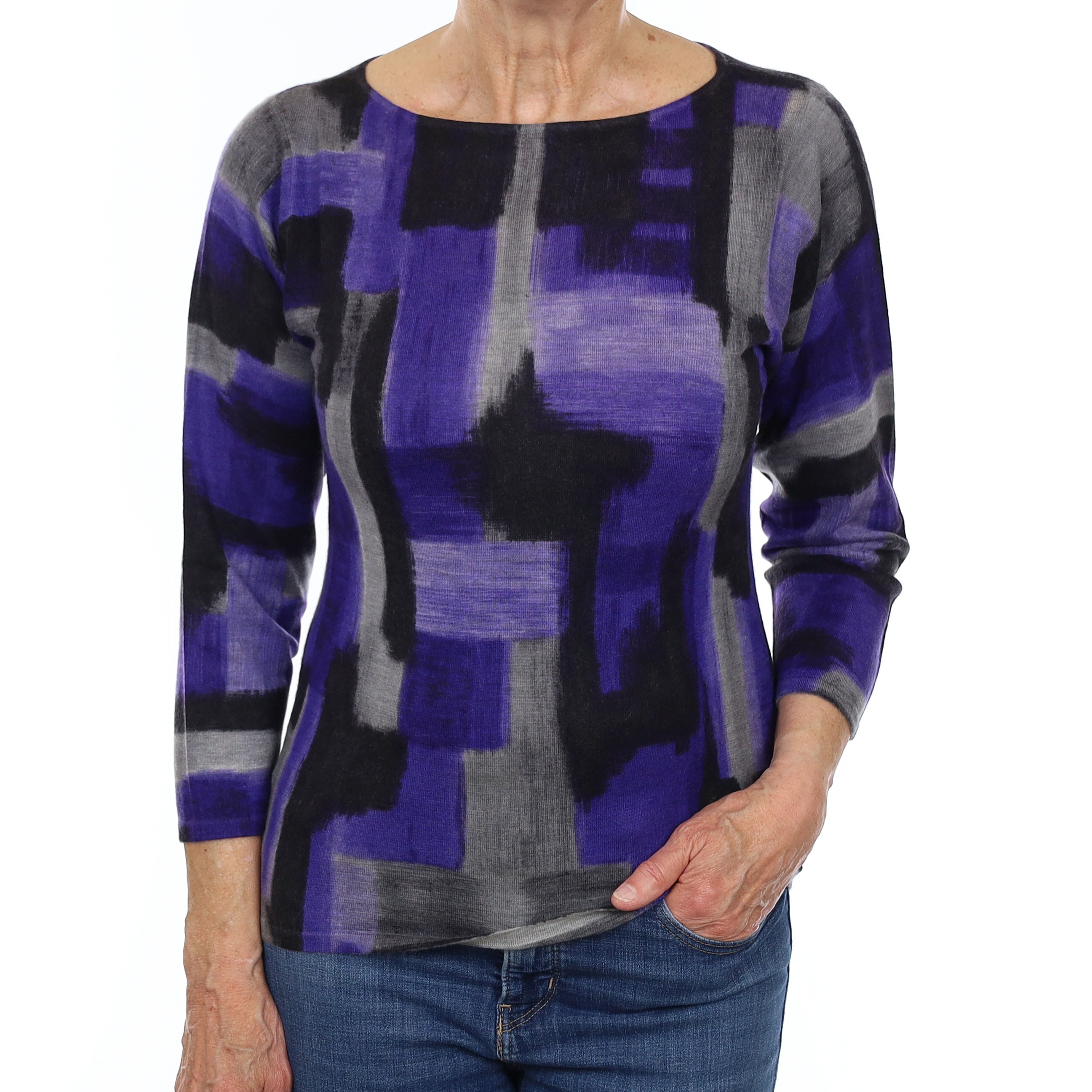 Purple Patterned Fine Knit Cashmere Crew Neck Jumper Medium