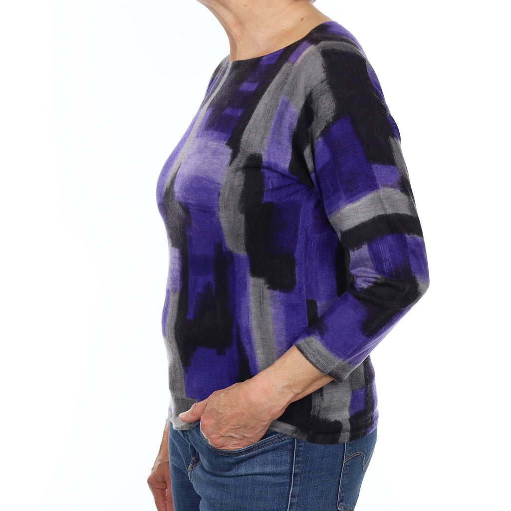 Purple Patterned Fine Knit Cashmere Crew Neck Jumper Medium