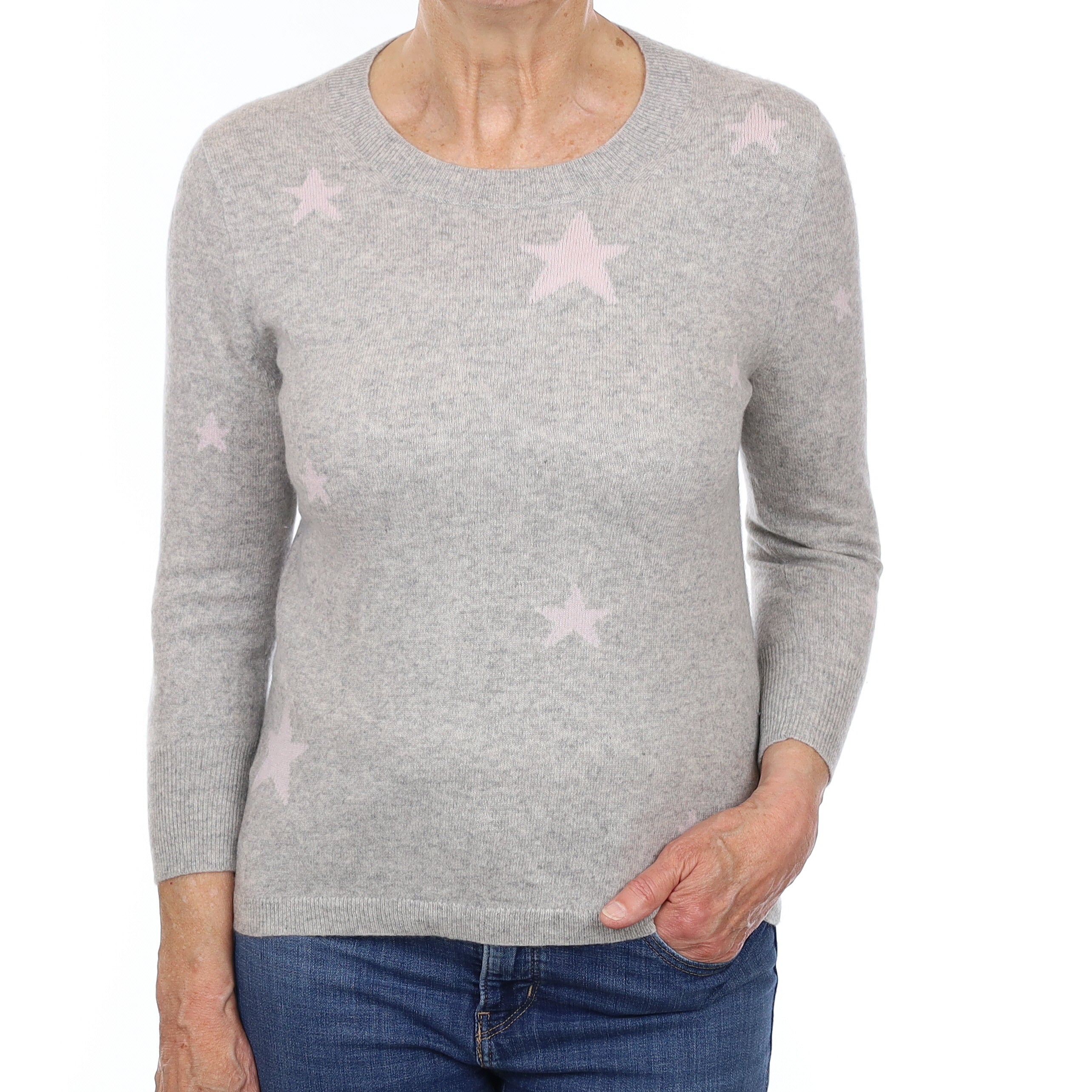 Grey and Mauve Star Design Cashmere Crew Neck Jumper Medium