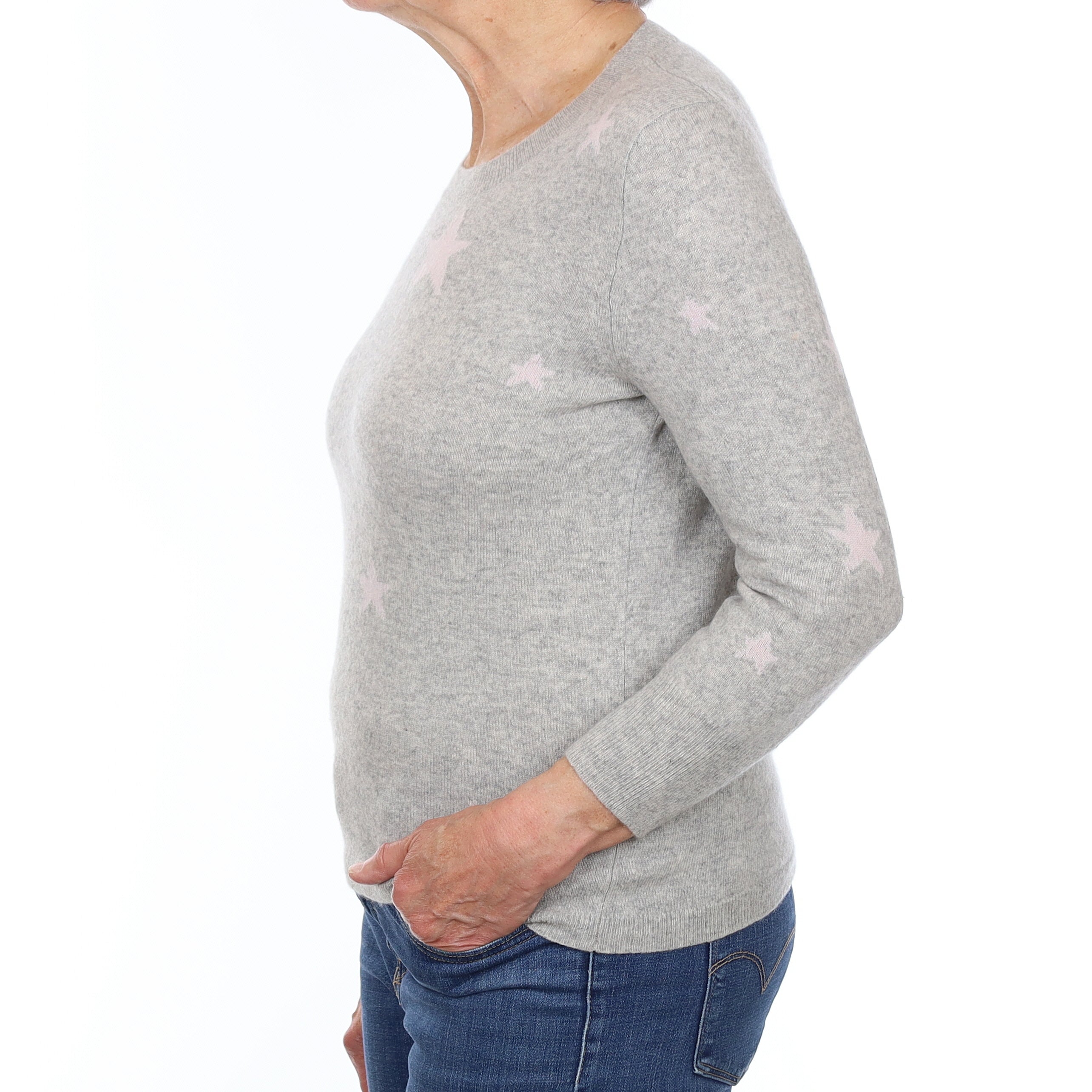 Grey and Mauve Star Design Cashmere Crew Neck Jumper Medium