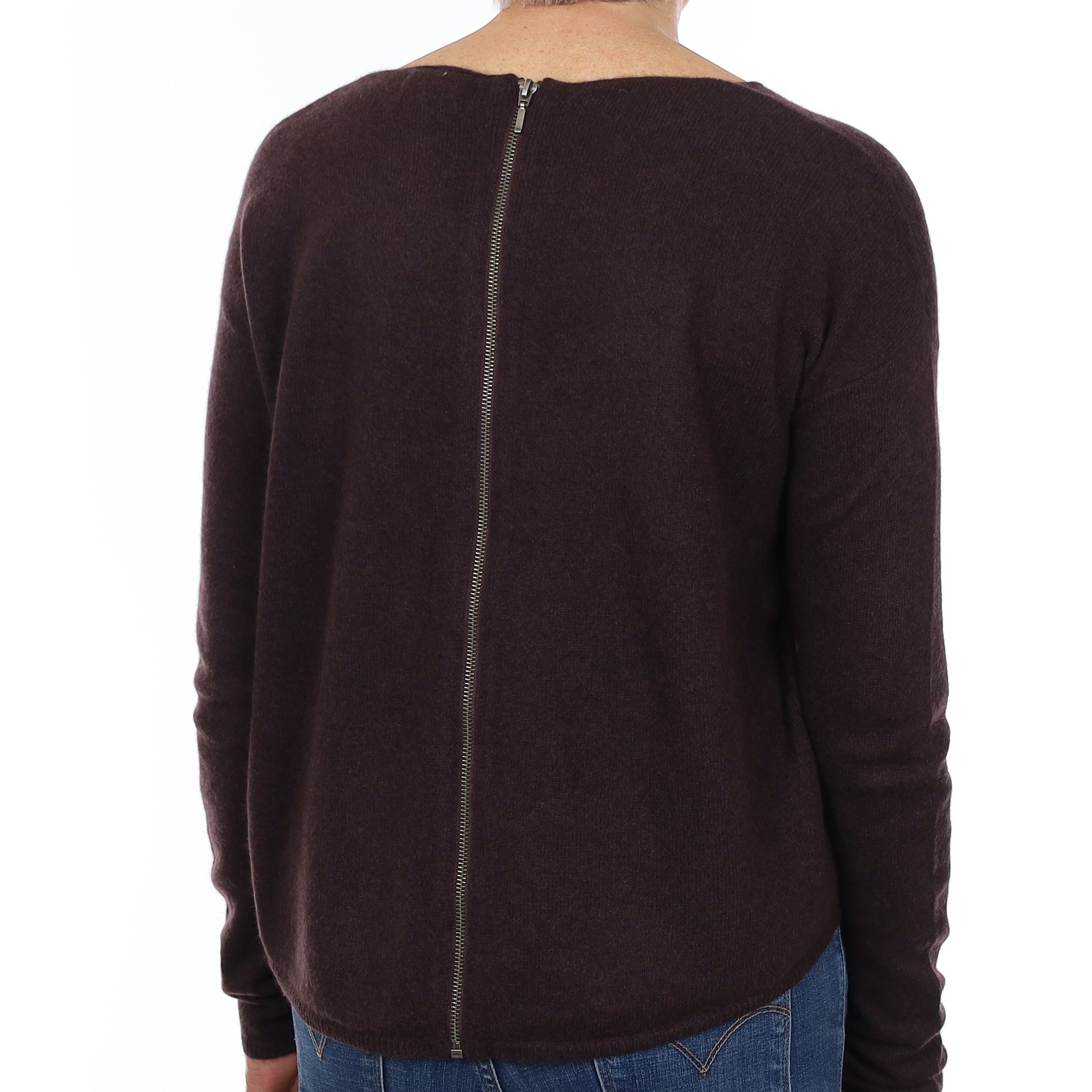 Aubergine Purple Cashmere Zip Back Crew Neck Jumper Medium