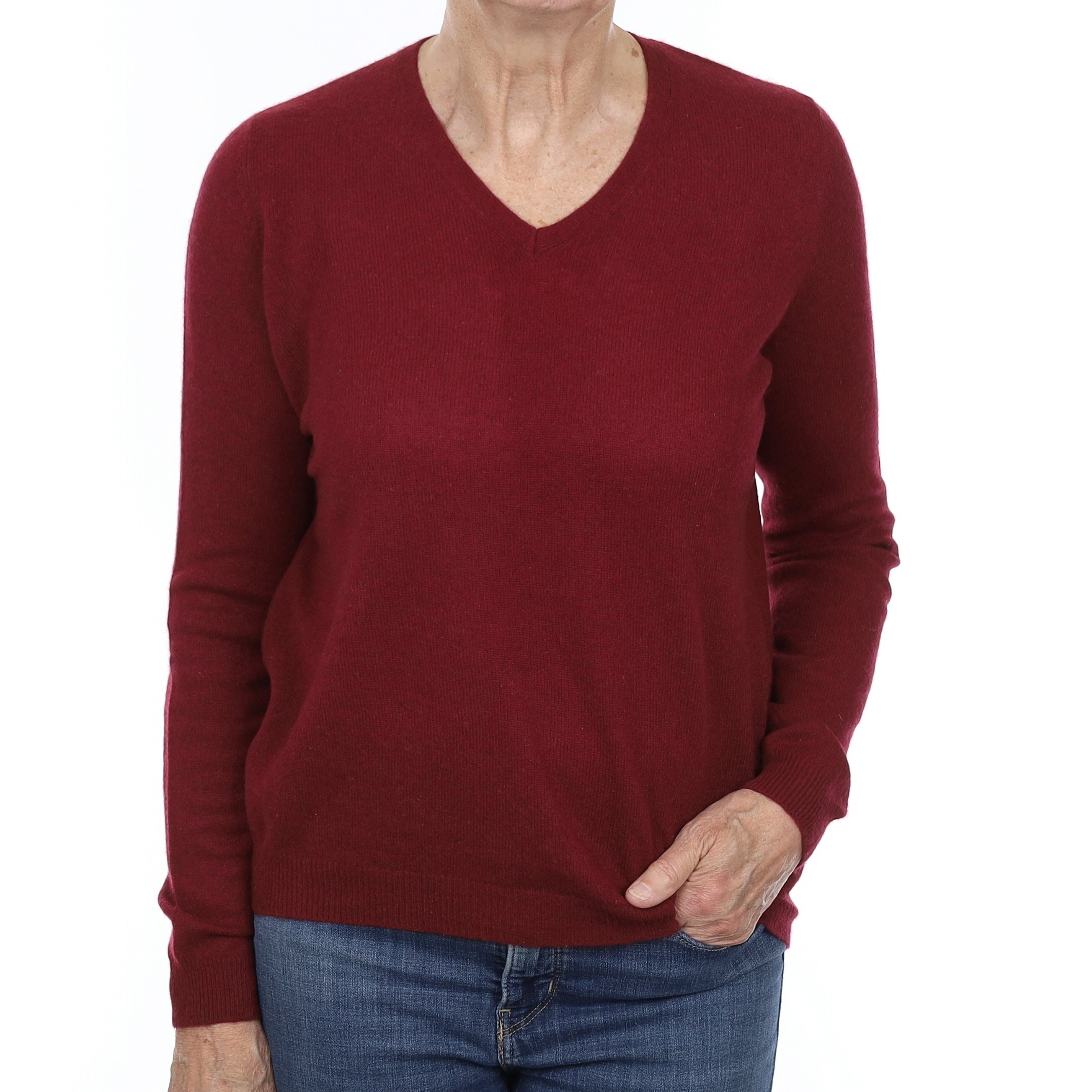 Wine Red Cashmere V Neck Jumper Medium