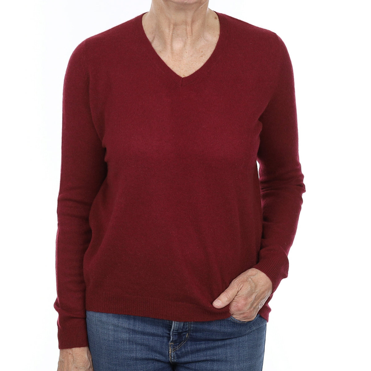 Wine Red Cashmere V Neck Jumper Medium