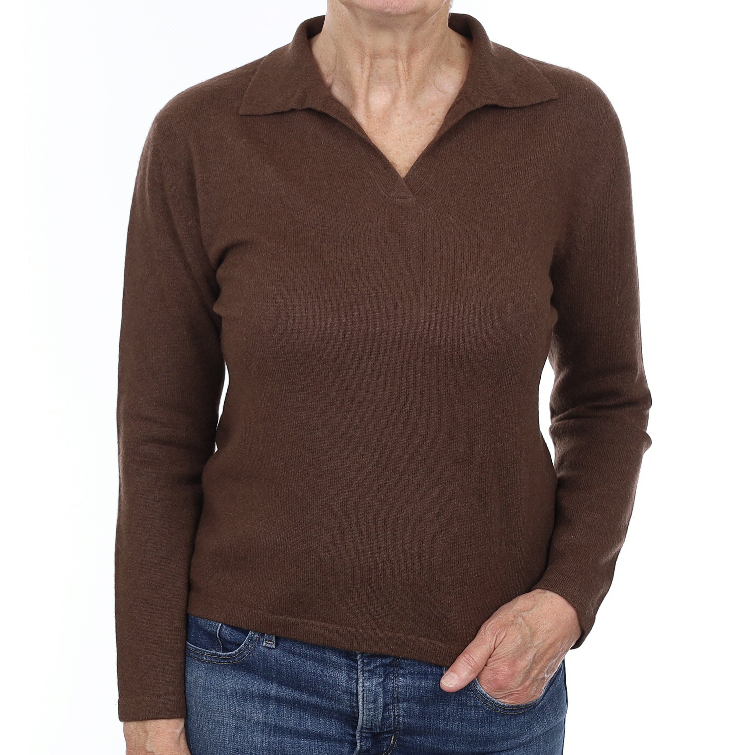 Chocolate Brown Cashmere Collared V Neck Jumper Medium