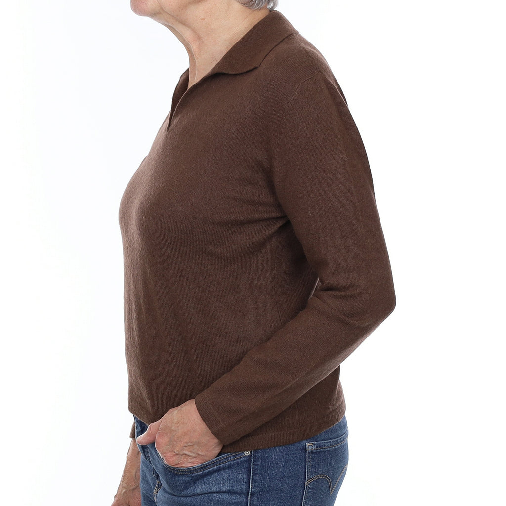 Chocolate Brown Cashmere Collared V Neck Jumper Medium