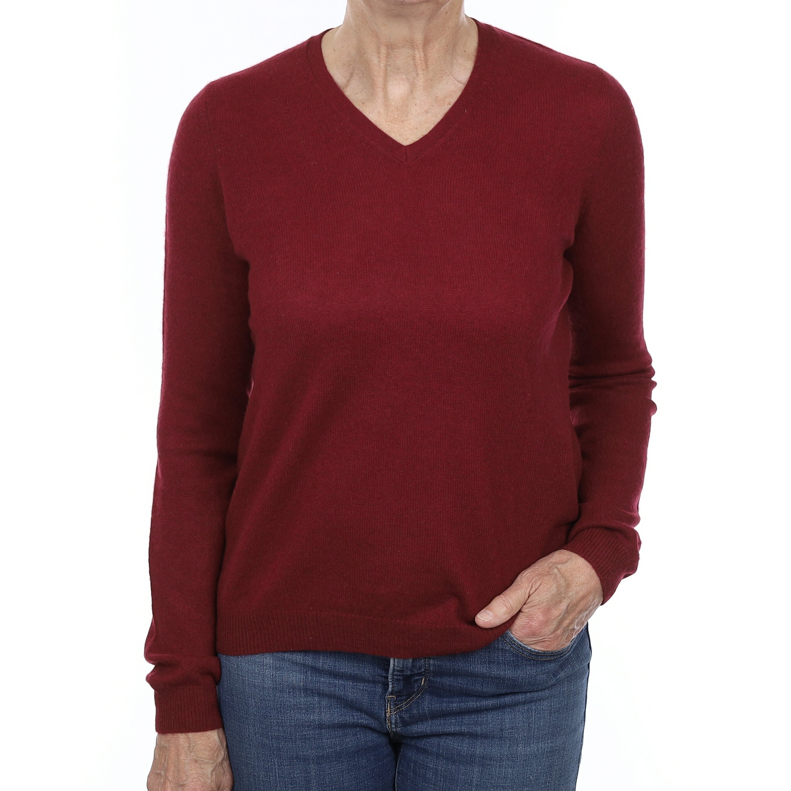 Burgundy Red Cashmere V Neck Jumper Medium