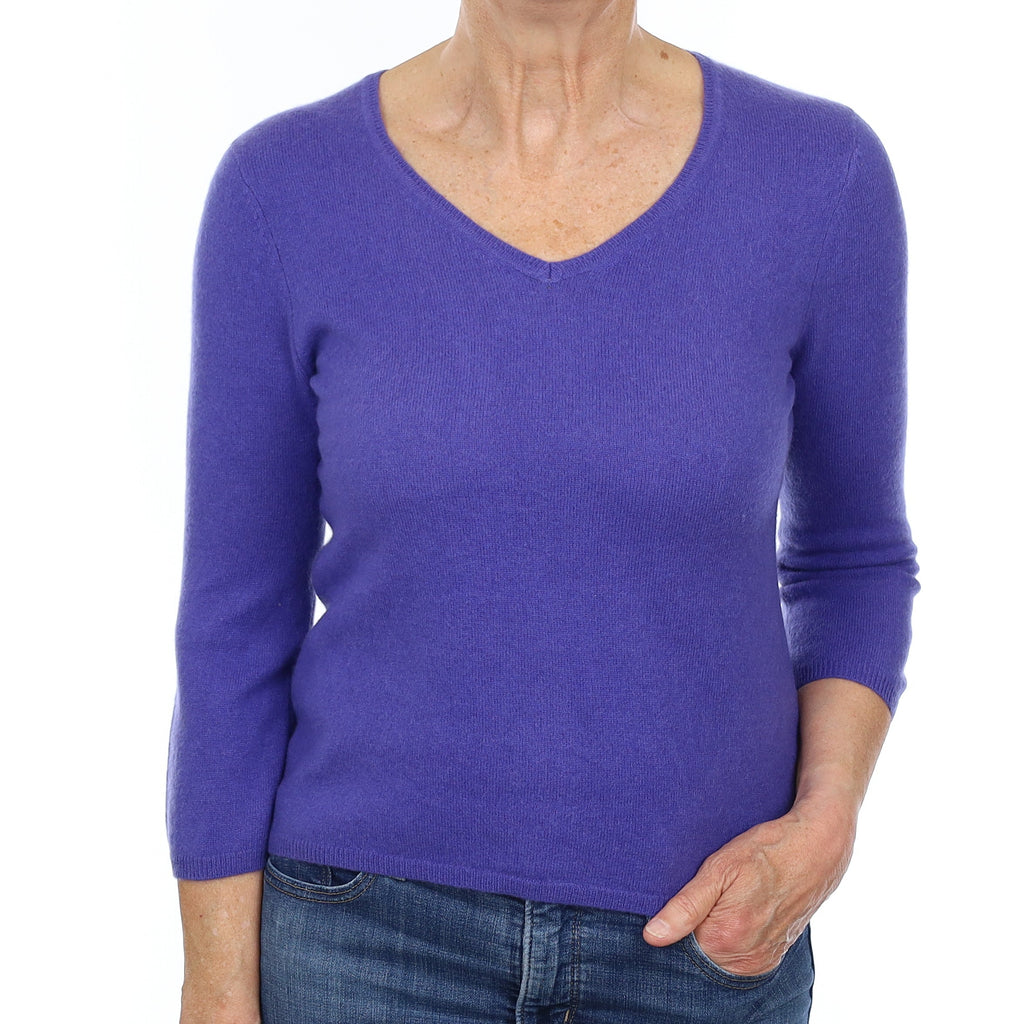 Bluebell Purple Cashmere 3/4 Sleeve V Neck Jumper Medium