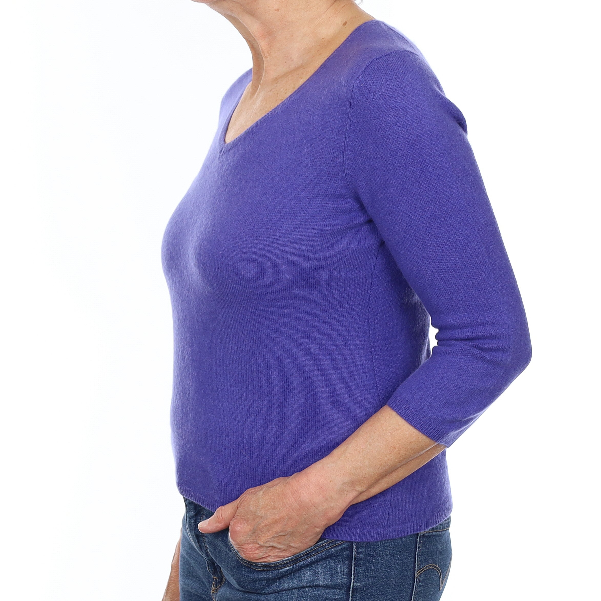 Bluebell Purple Cashmere 3/4 Sleeve V Neck Jumper Medium