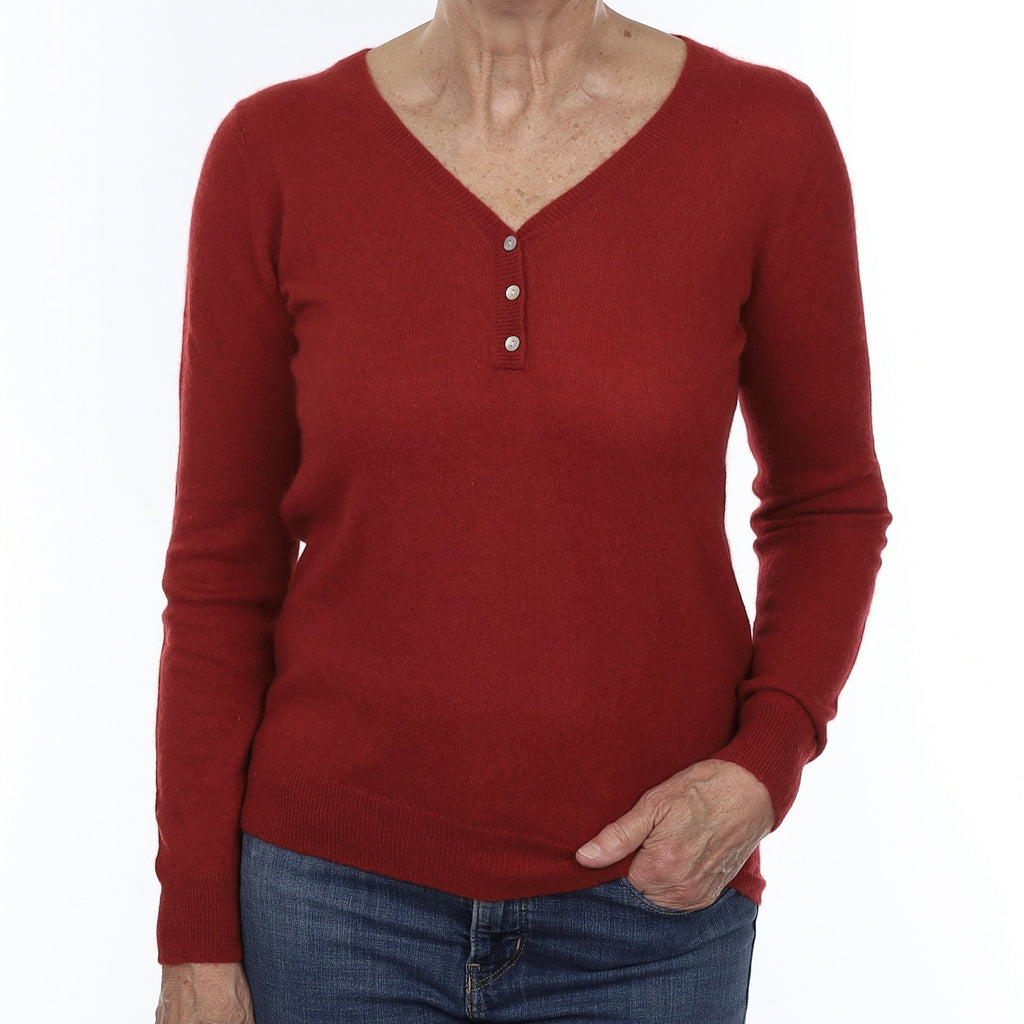 Tomato Red Cashmere Buttoned V Neck Jumper Medium