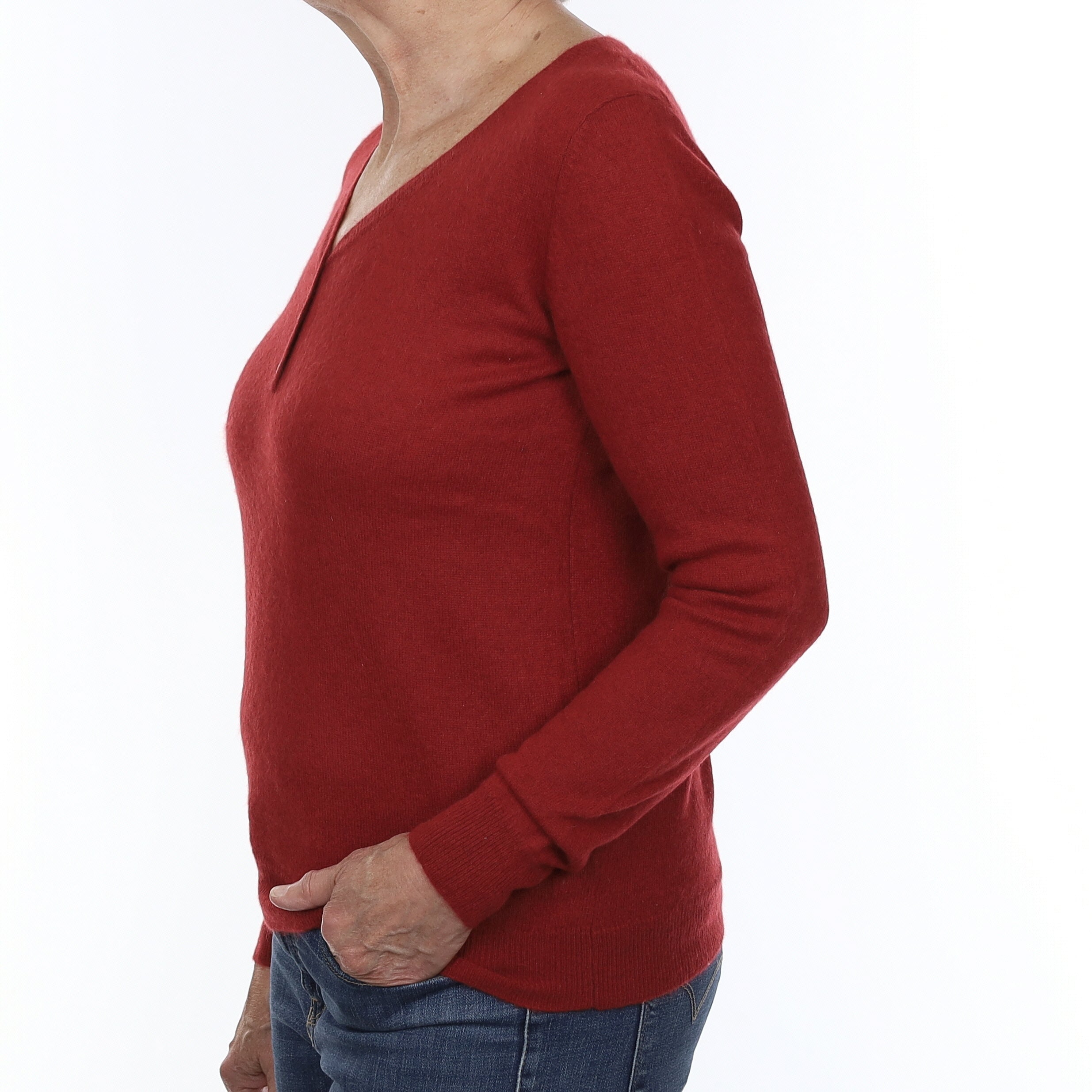 Tomato Red Cashmere Buttoned V Neck Jumper Medium