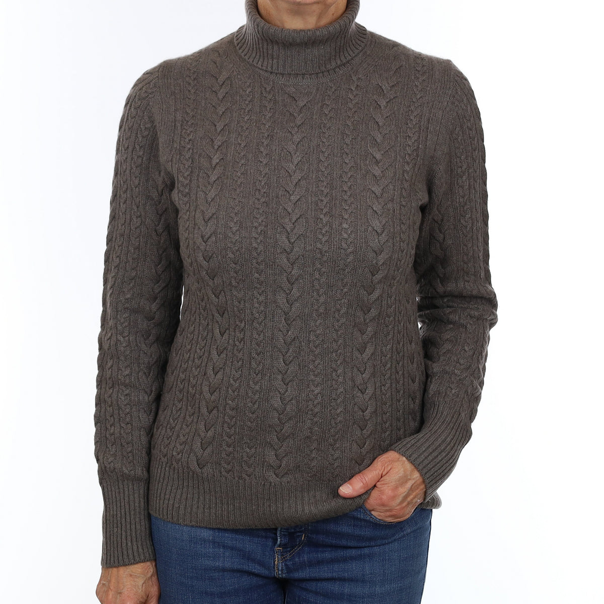 Muted Brown Cable Chunky Cashmere Polo Neck Jumper Medium
