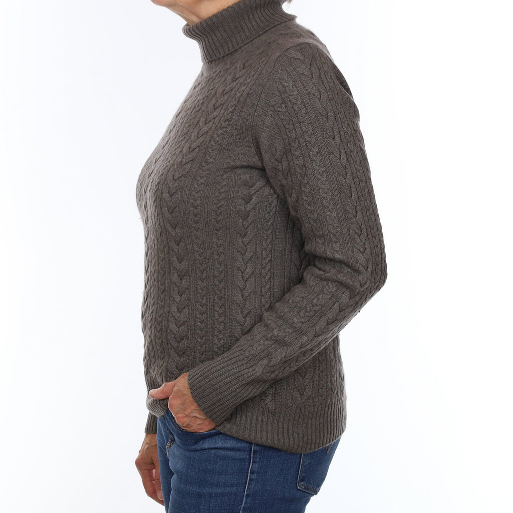 Muted Brown Cable Chunky Cashmere Polo Neck Jumper Medium