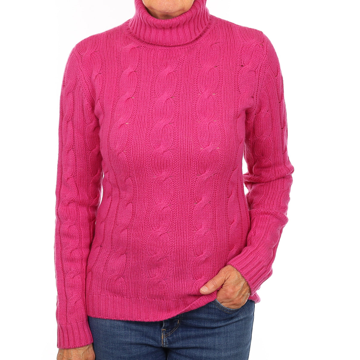 Fuchsia Pink Chunky Cable Cashmere Polo Neck Jumper Medium