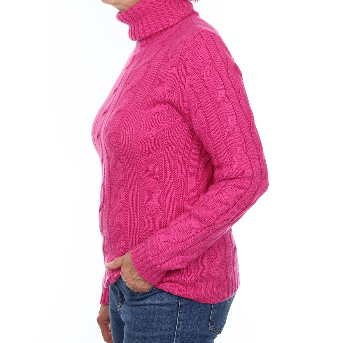 Fuchsia Pink Chunky Cable Cashmere Polo Neck Jumper Medium
