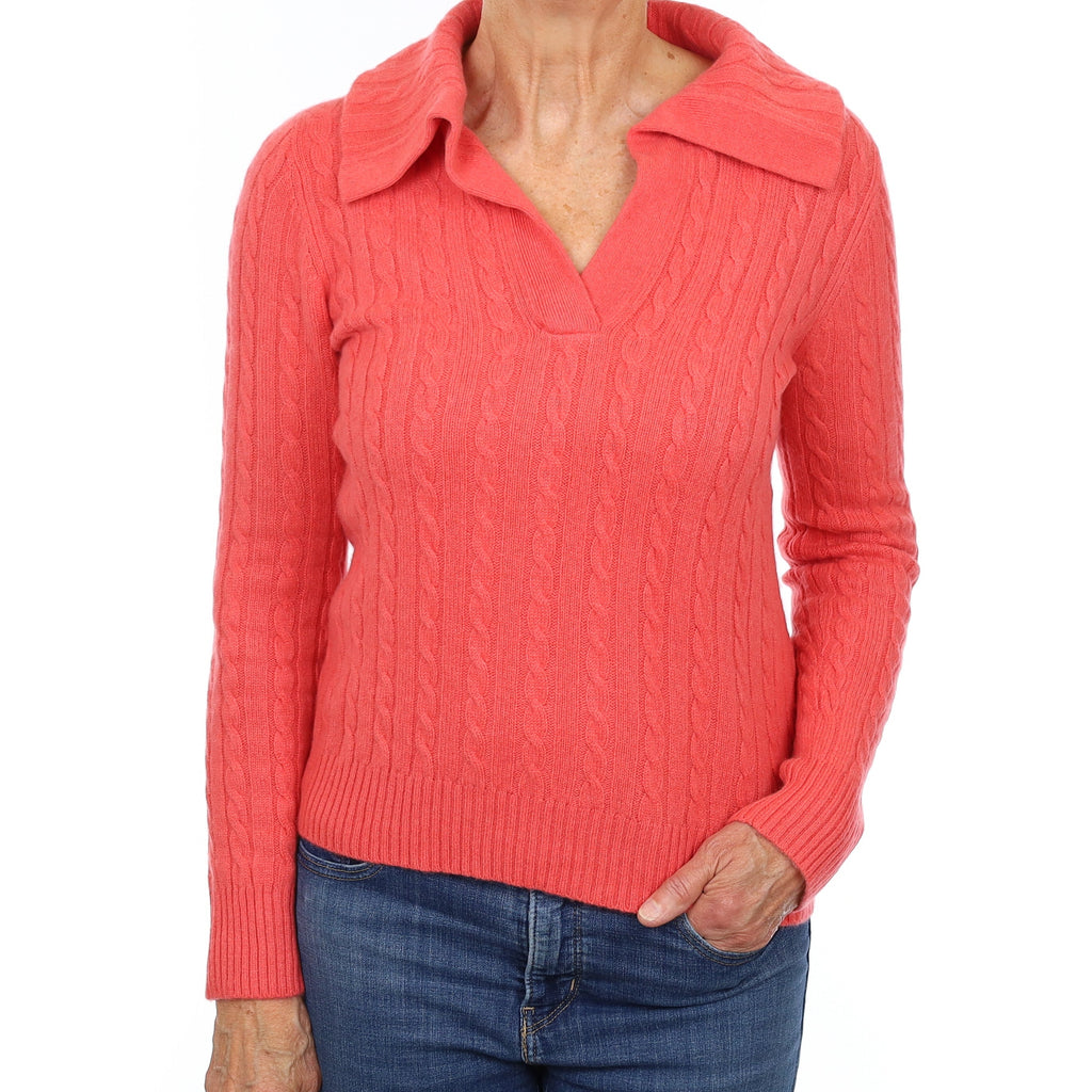 Ralph Lauren Coral Chunky Cable Cashmere Collared V Neck Jumper Medium