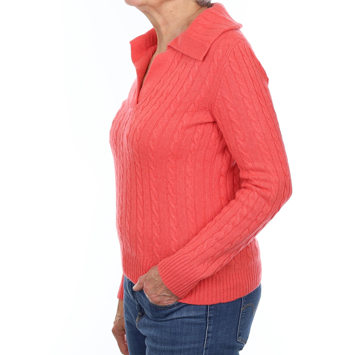 Ralph Lauren Coral Chunky Cable Cashmere Collared V Neck Jumper Medium