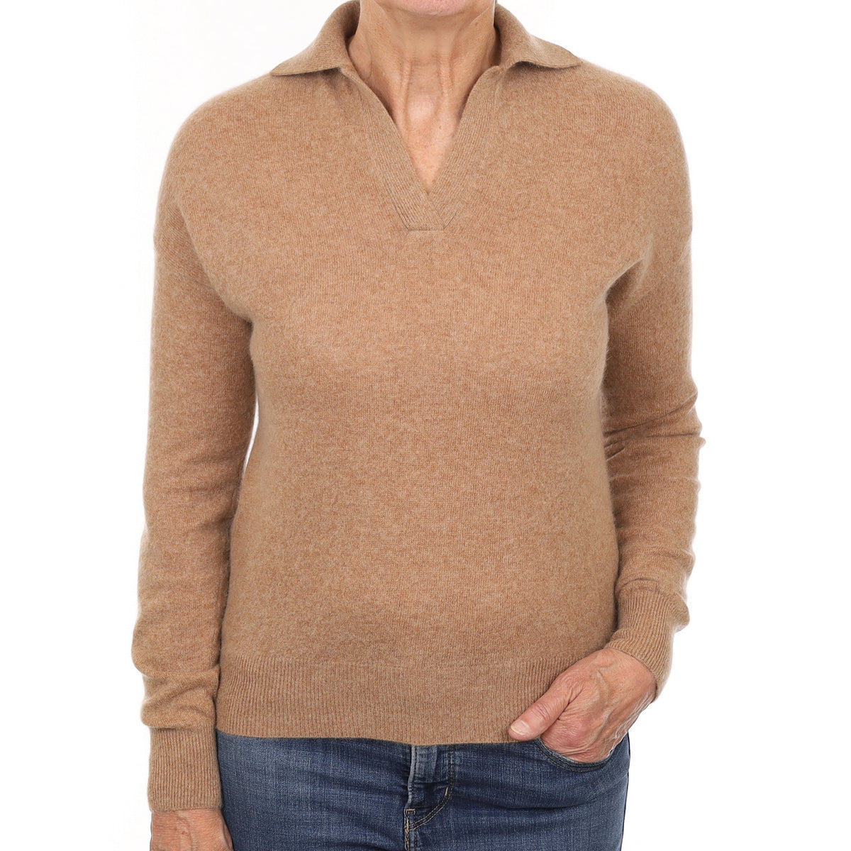 Caramel Brown Cashmere Collared V Neck Jumper Medium