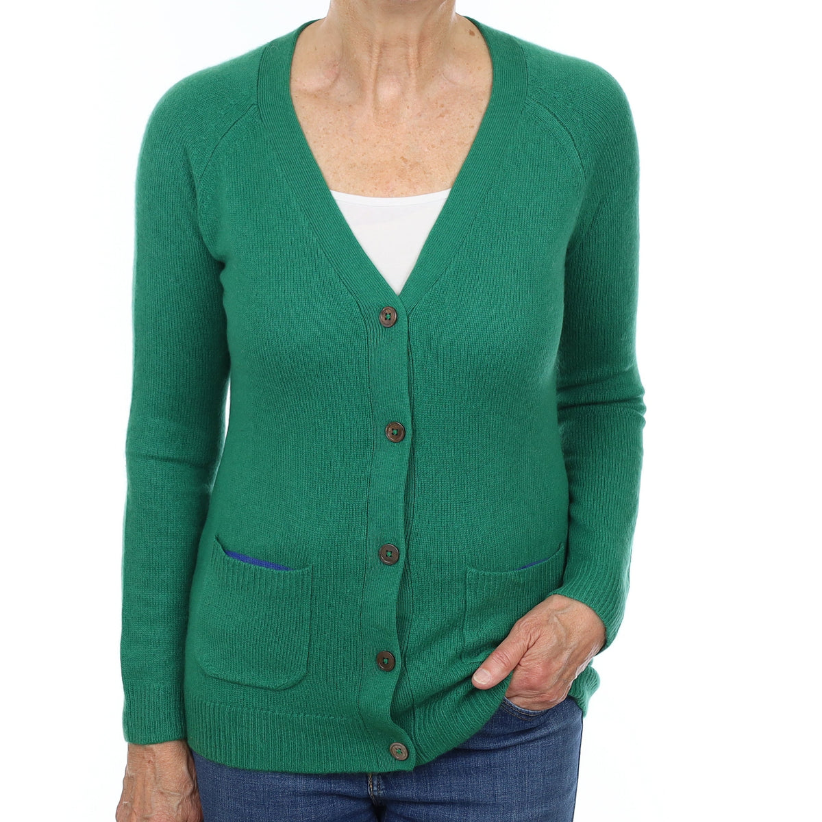 Emerald Green Heavy Knit Cashmere V Neck Cardigan Medium