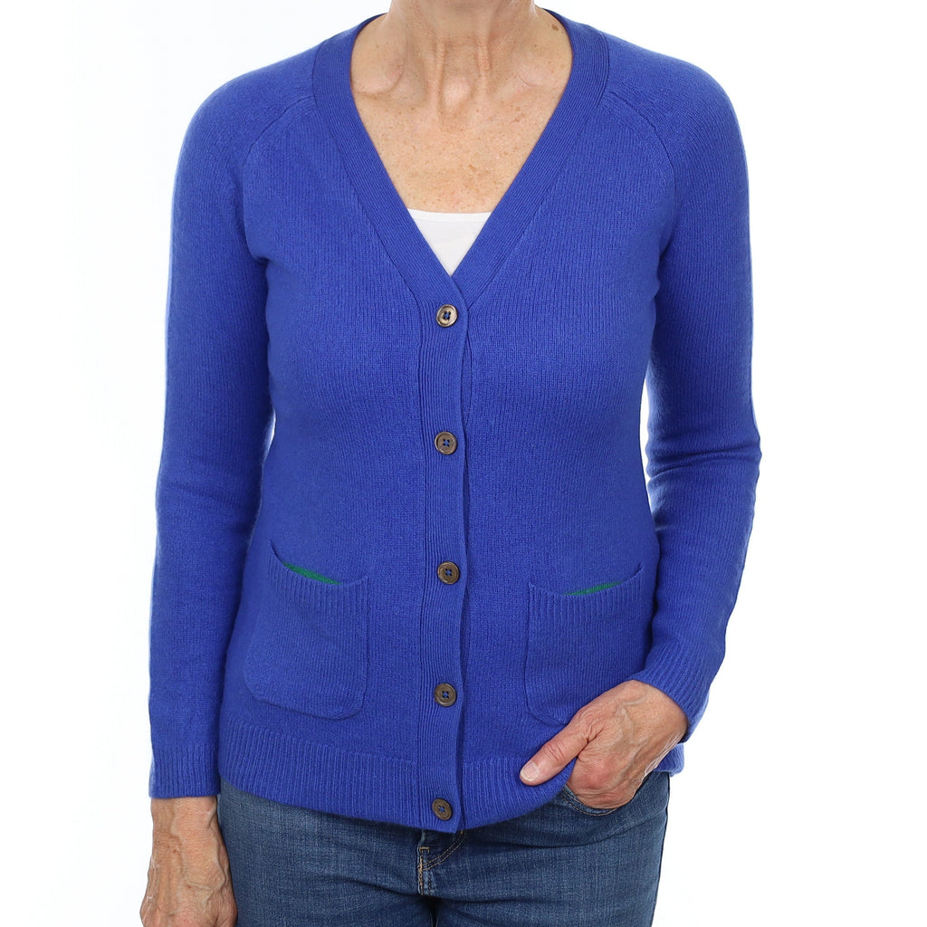 Cobalt Blue Heavy Knit Cashmere V Neck Cardigan with Pockets Medium