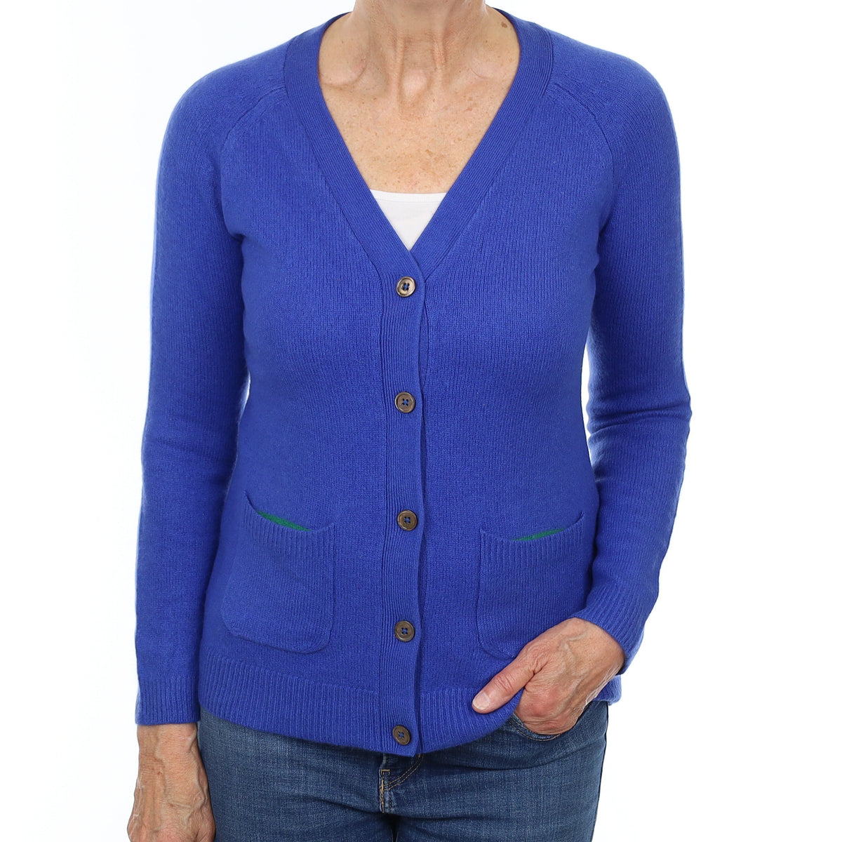 Cobalt Blue Heavy Knit Cashmere V Neck Cardigan with Pockets Medium