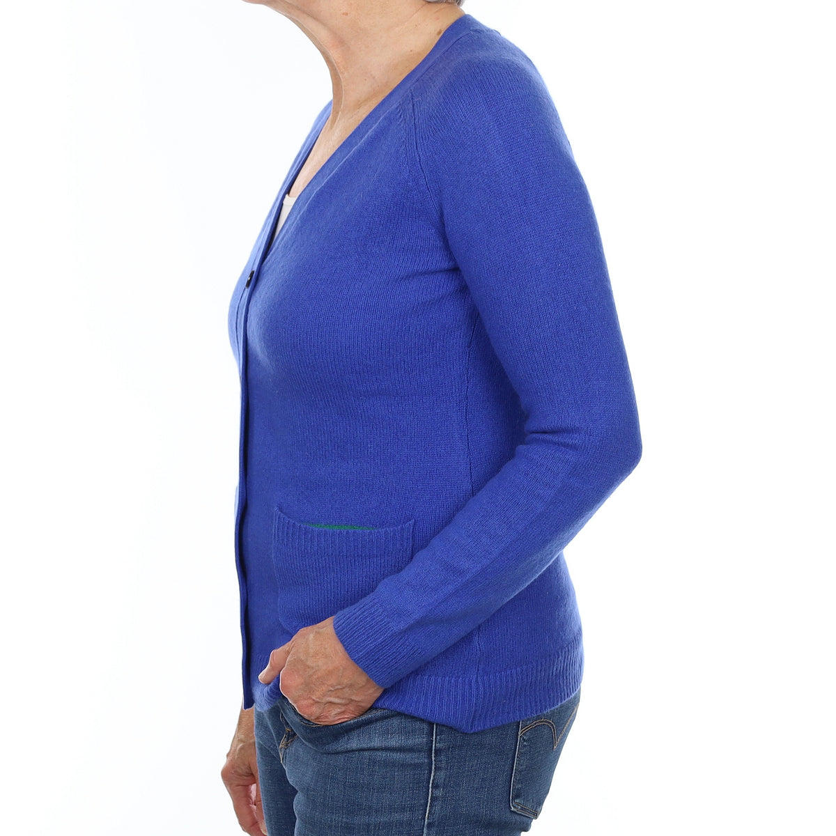 Cobalt Blue Heavy Knit Cashmere V Neck Cardigan with Pockets Medium