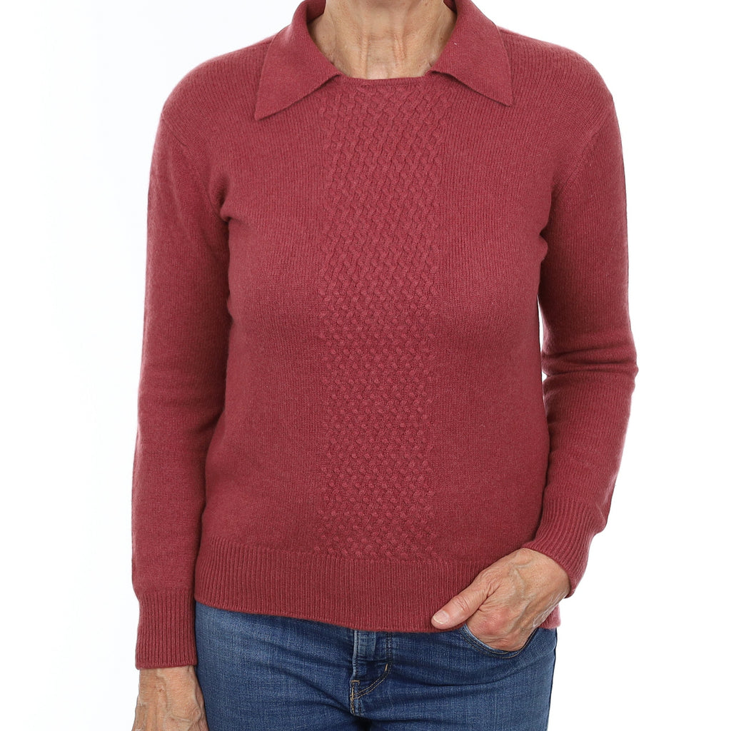 Brick Pink Heavy Knit Cashmere Collared Crew Neck Jumper Medium