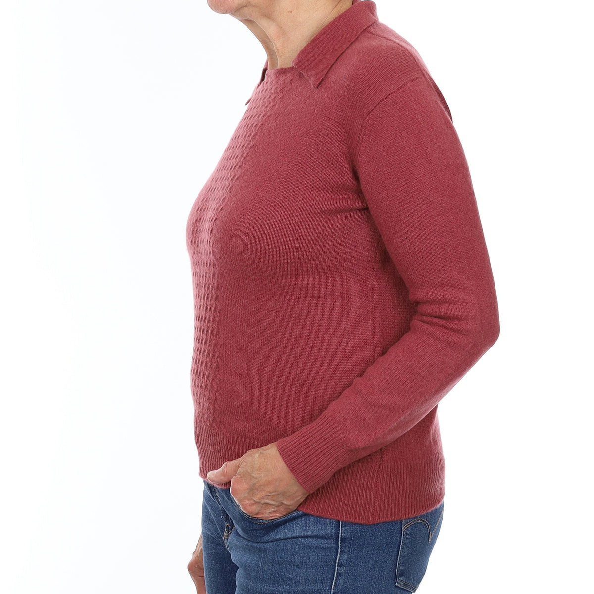 Brick Pink Heavy Knit Cashmere Collared Crew Neck Jumper Medium