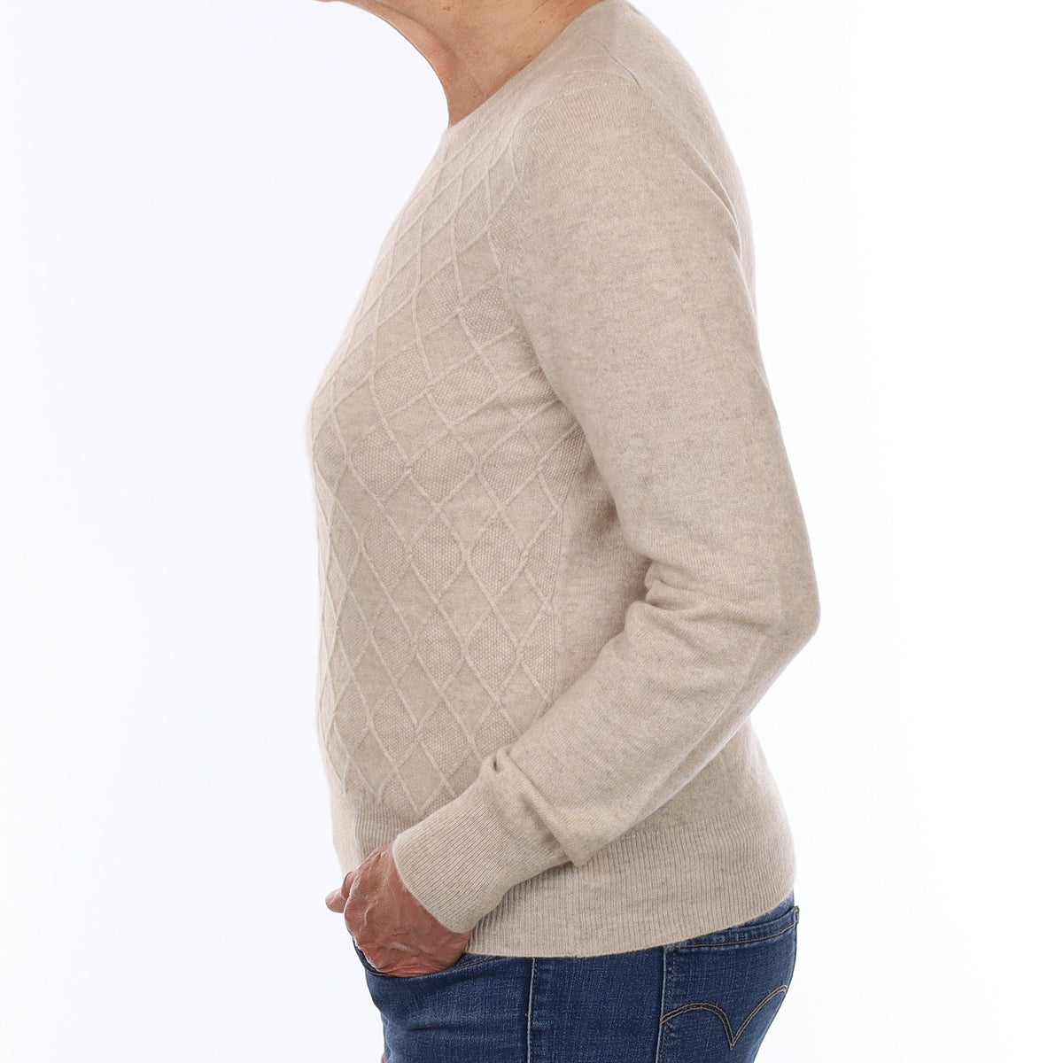 Oatmeal Textured Front Cashmere Crew Neck Jumper Medium