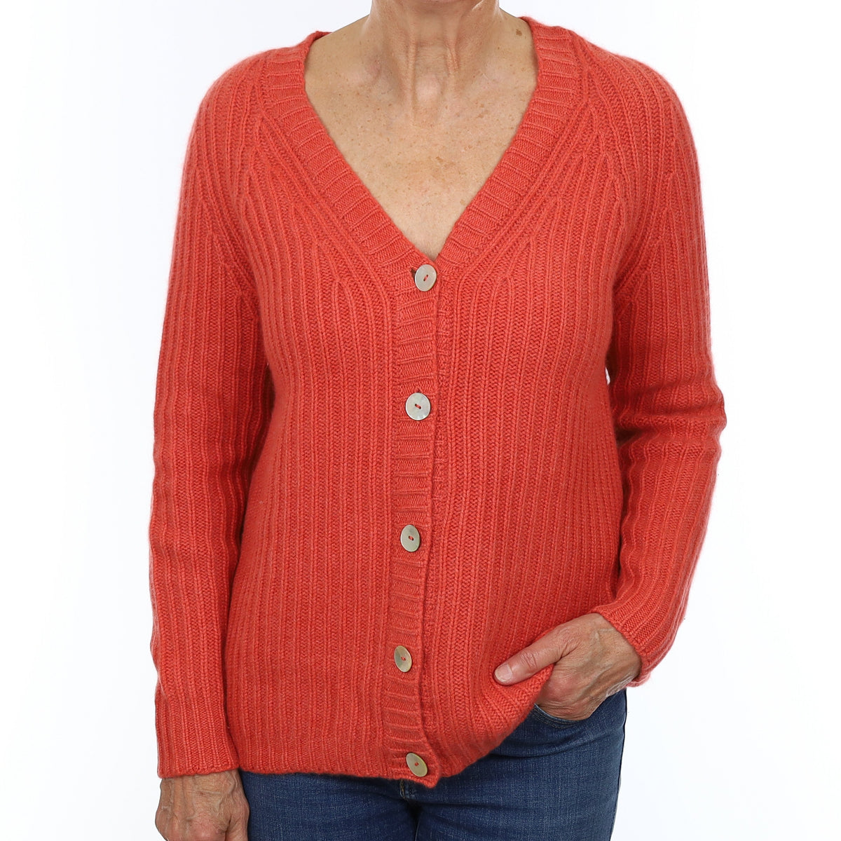 Watermelon Orange Chunky Rib Cashmere V Neck Cardigan Medium