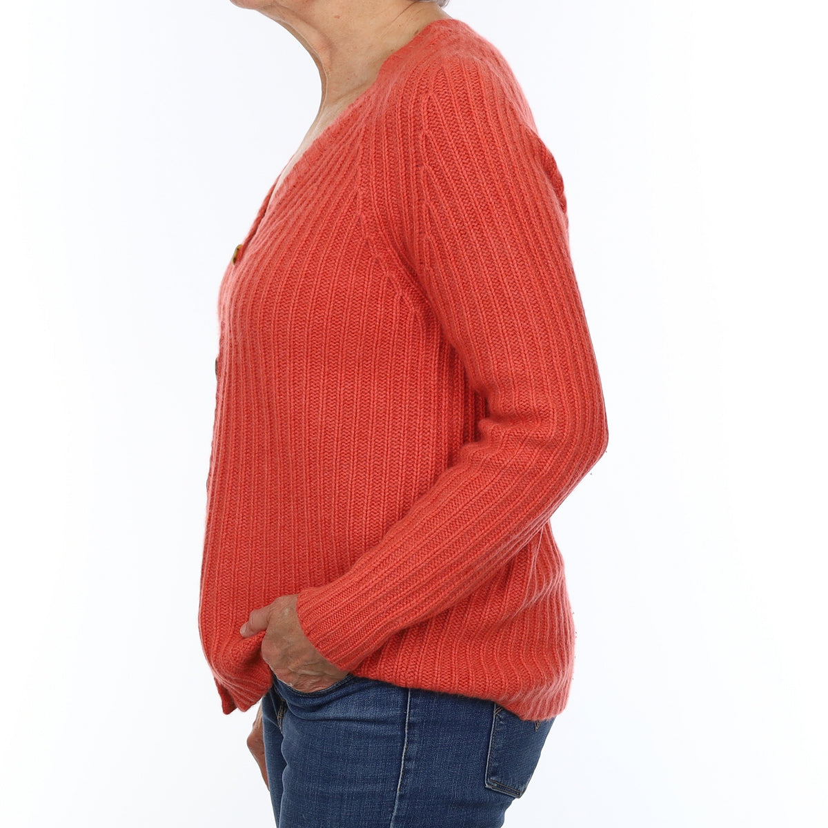 Watermelon Orange Chunky Rib Cashmere V Neck Cardigan Medium
