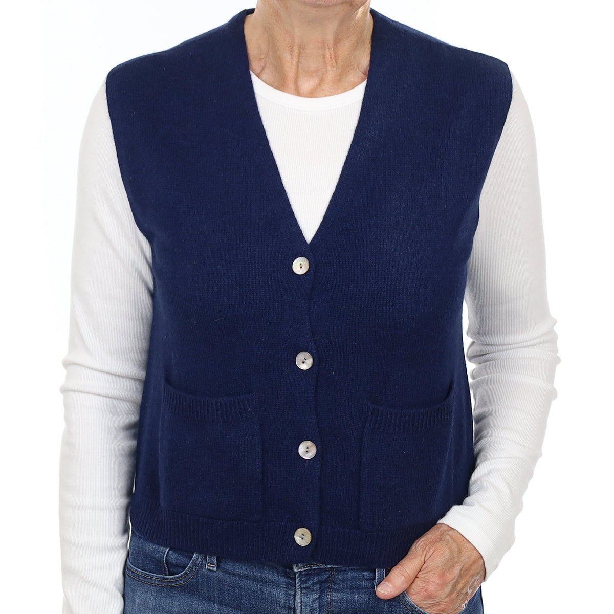 French Navy Cashmere V Neck Waistcoat with Pockets Medium
