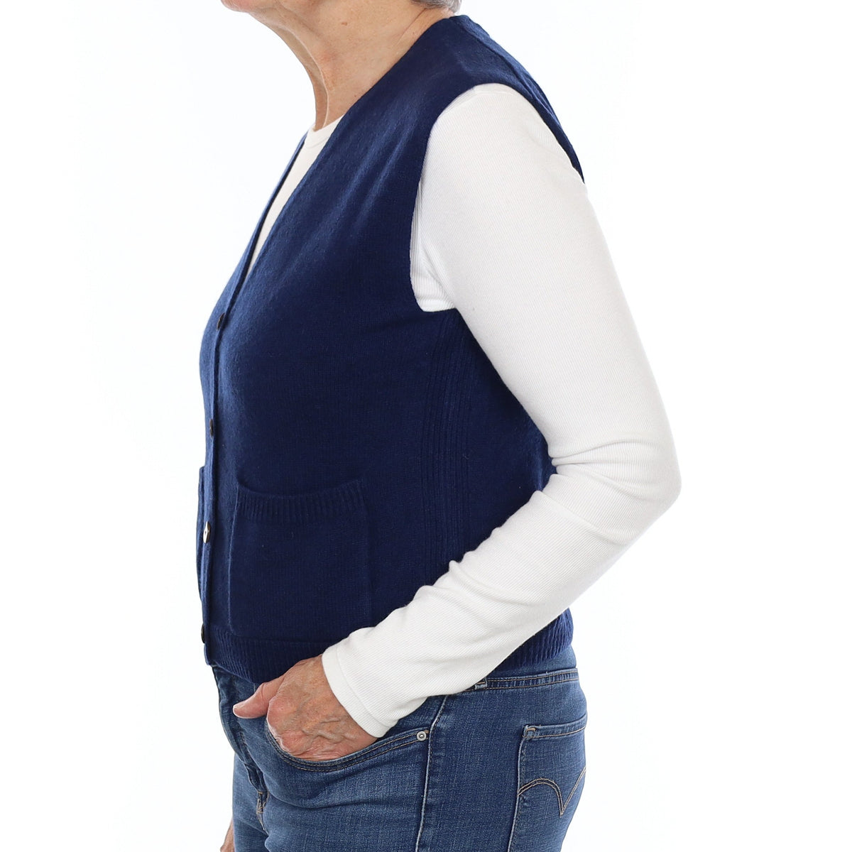 French Navy Cashmere V Neck Waistcoat with Pockets Medium