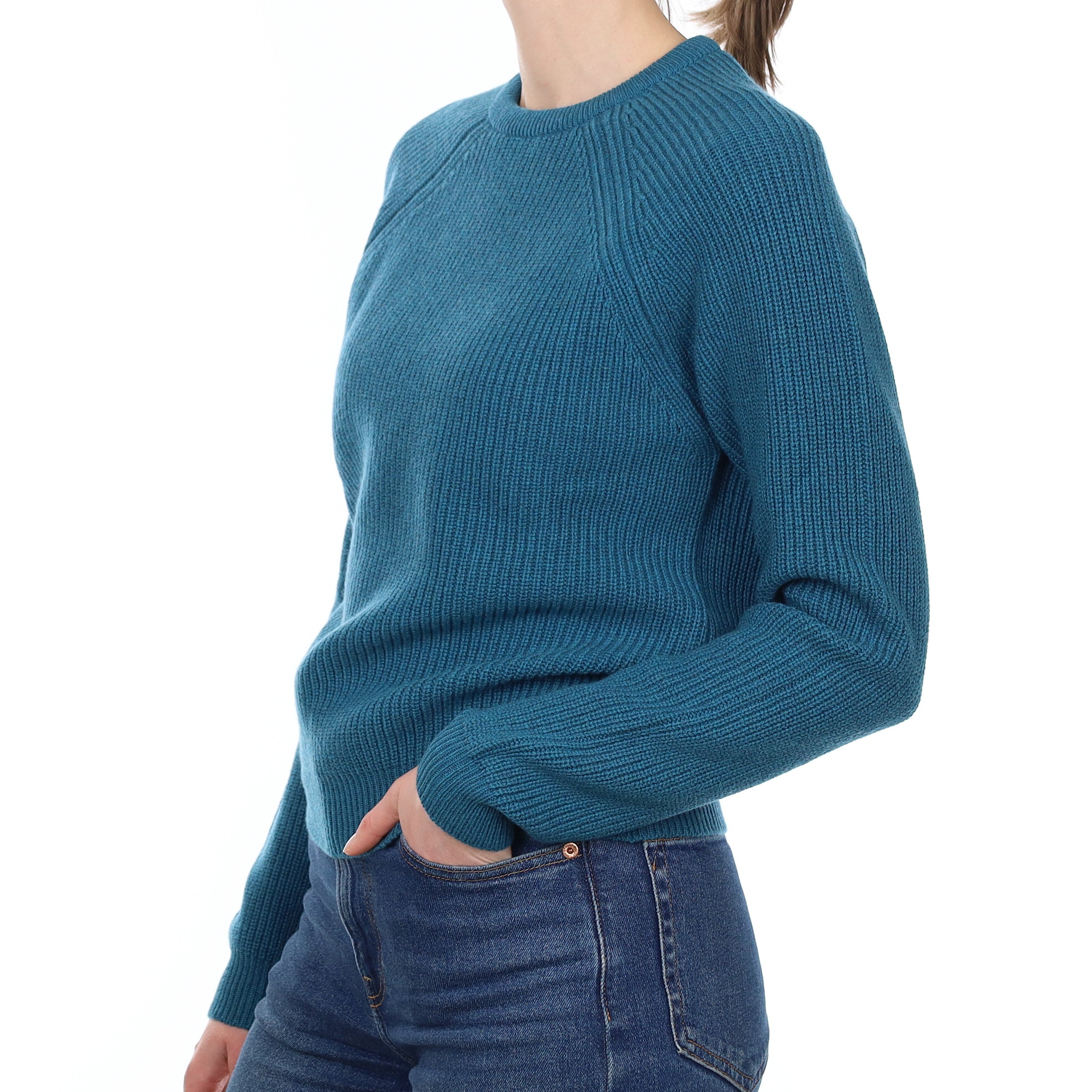 Brand New Scottish Teal Blue Chunky Cashmere Crew Neck Jumper Small